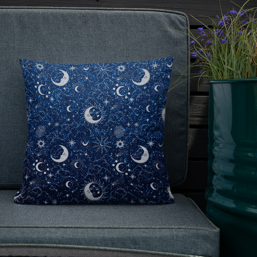 Blue Silver Glitter Moon Premium Pillow