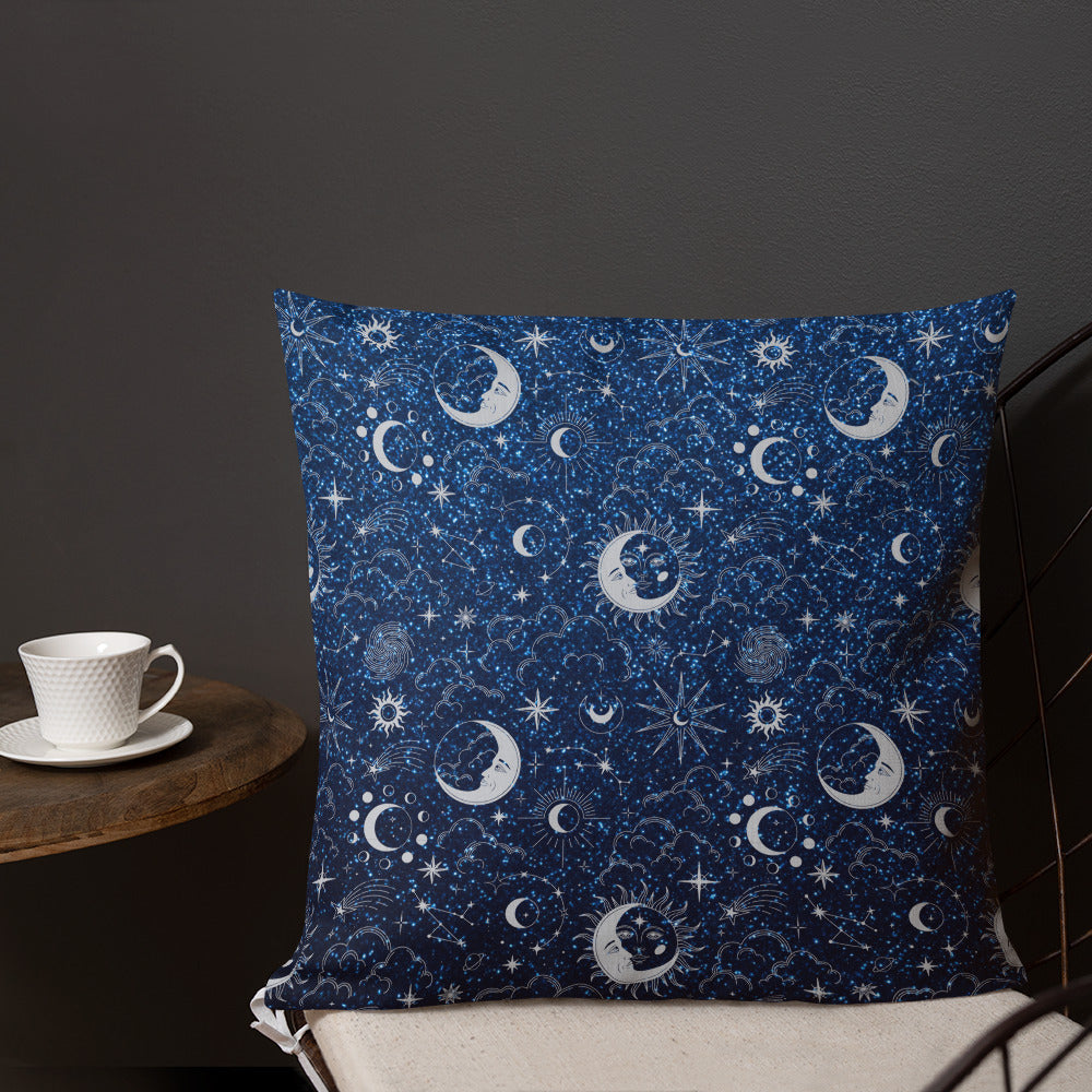 Blue Silver Glitter Moon Premium Pillow