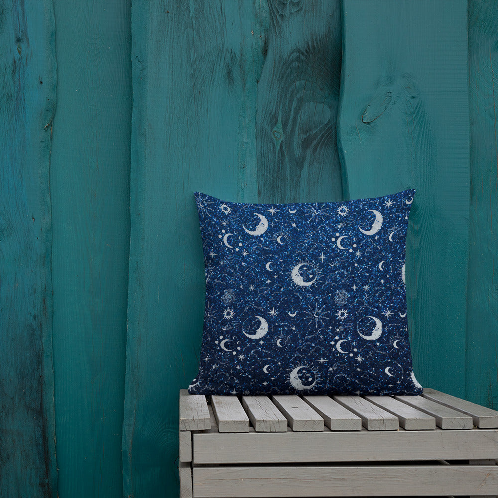 Blue Silver Glitter Moon Premium Pillow