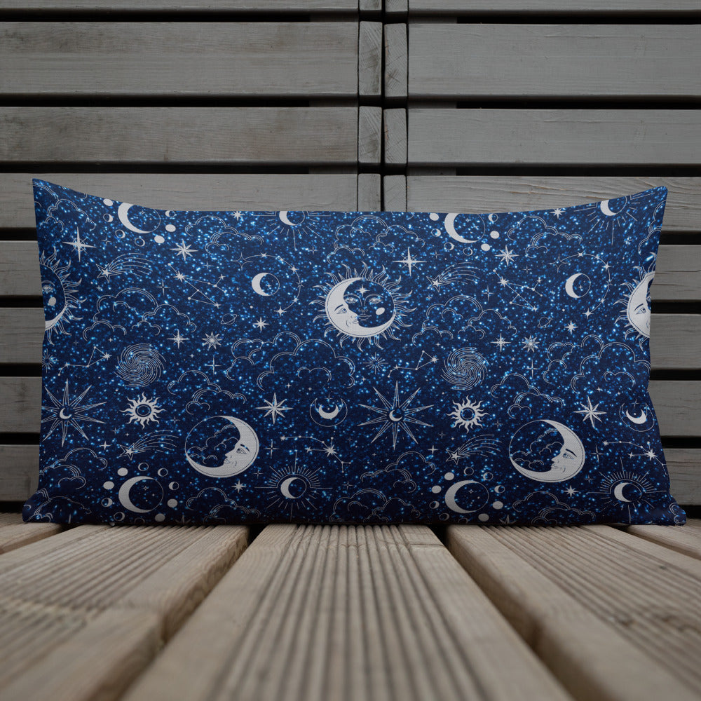 Blue Silver Glitter Moon Premium Pillow