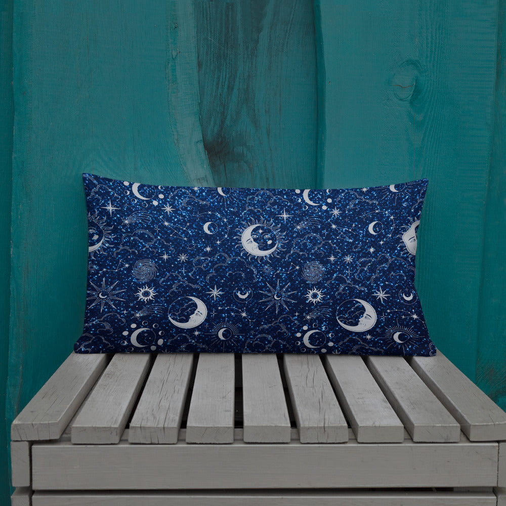 Blue Silver Glitter Moon Premium Pillow