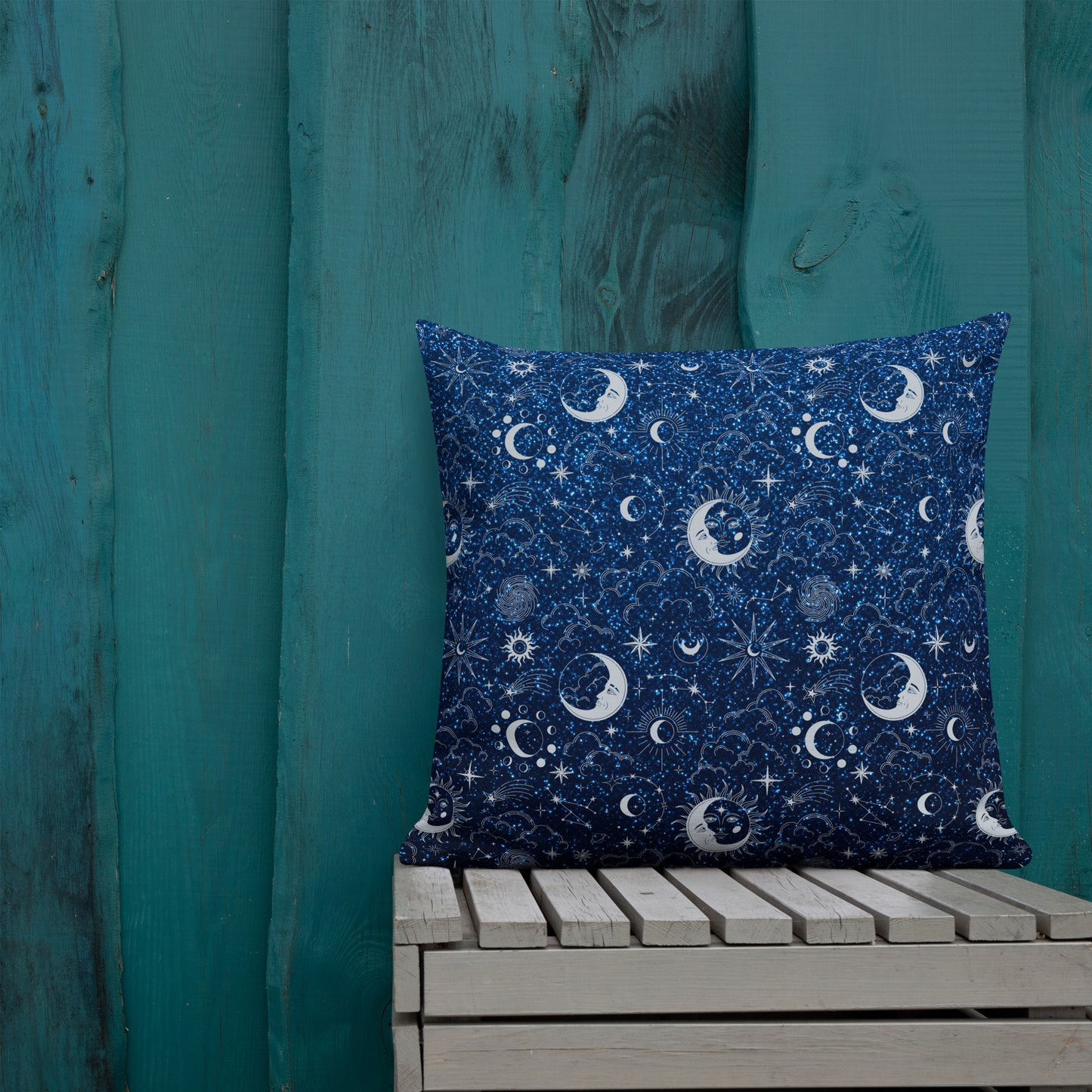 Blue Silver Glitter Moon Premium Pillow