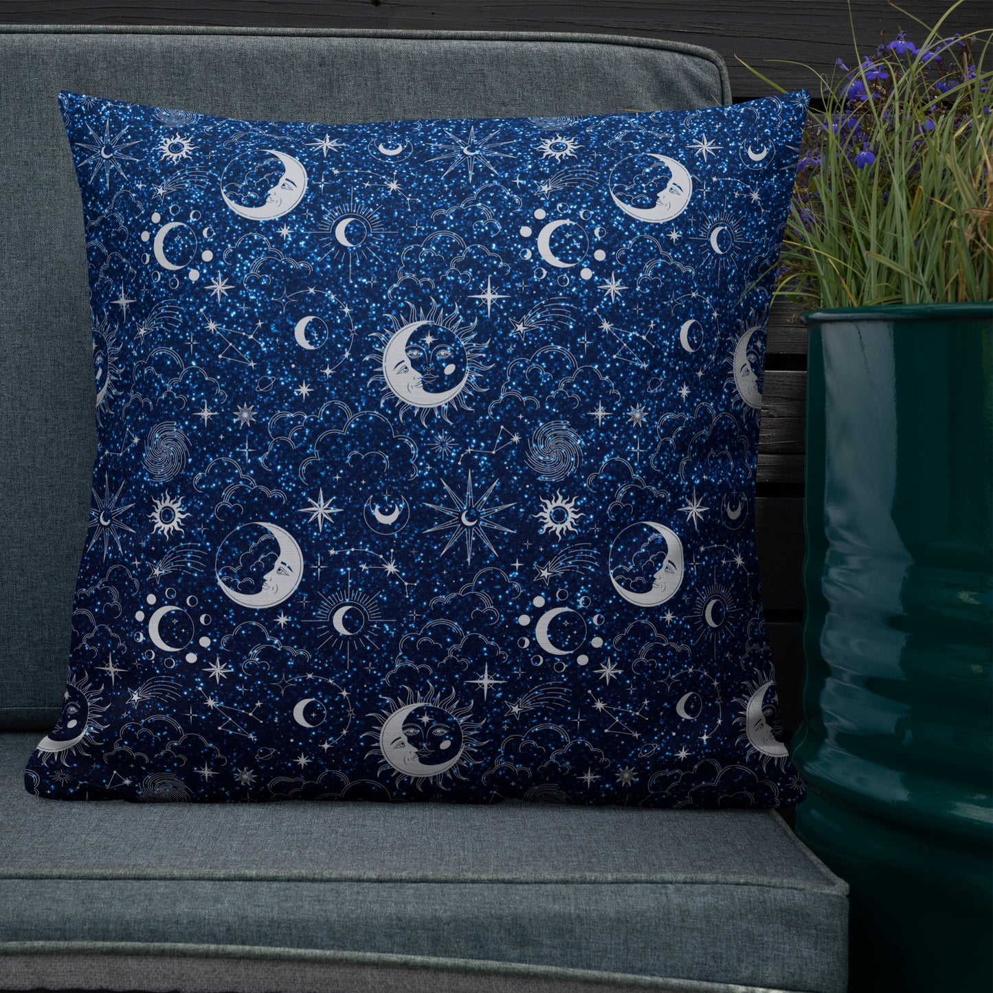 Blue Silver Glitter Moon Premium Pillow