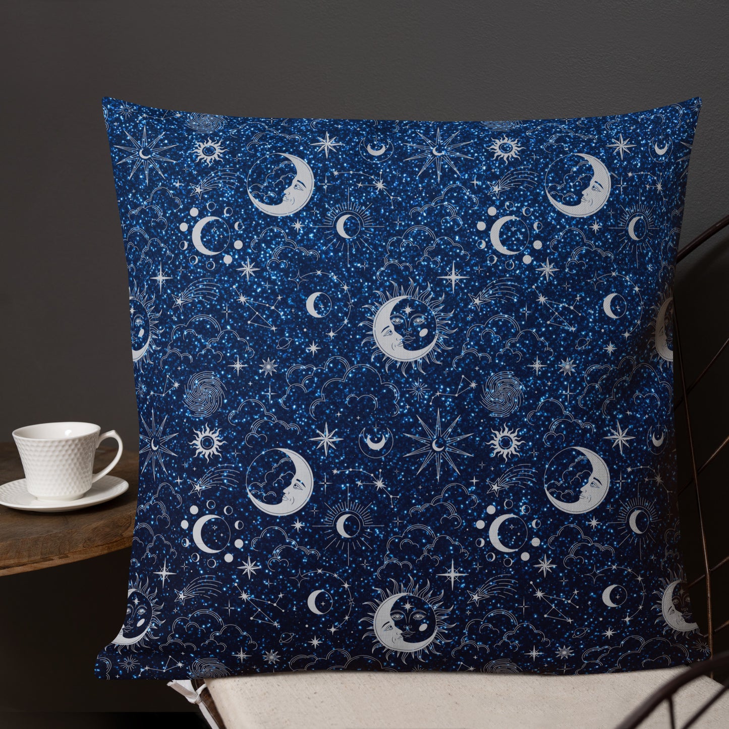 Blue Silver Glitter Moon Premium Pillow