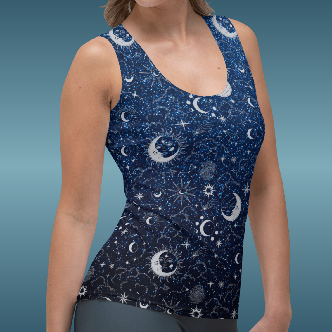 Blue Silver Glitter Moon Tank Top