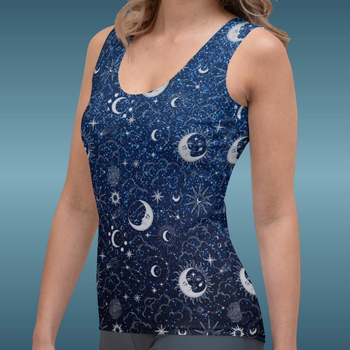 Blue Silver Glitter Moon Tank Top