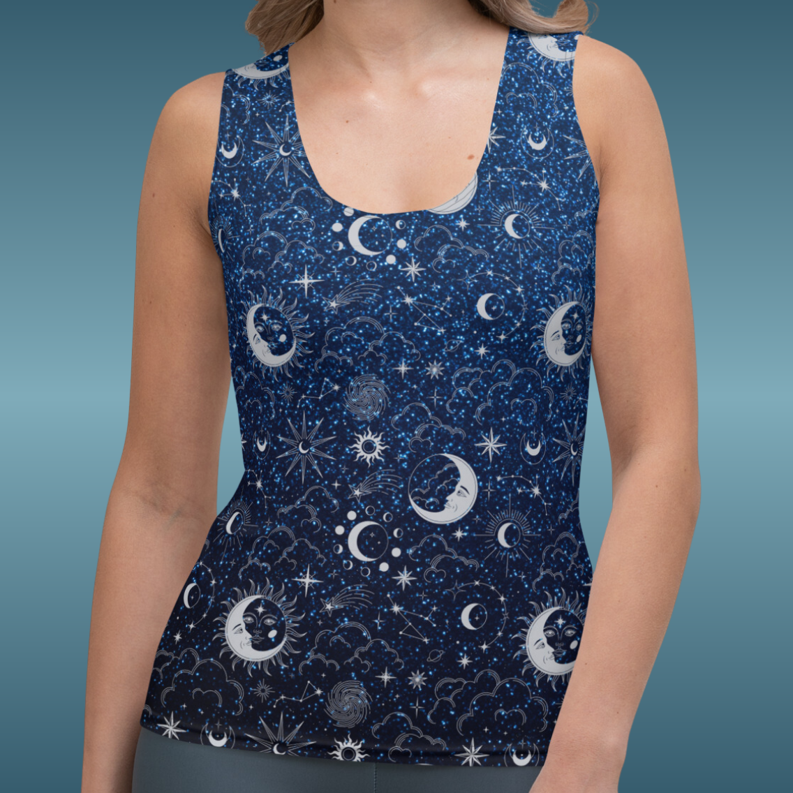 Blue Silver Glitter Moon Tank Top