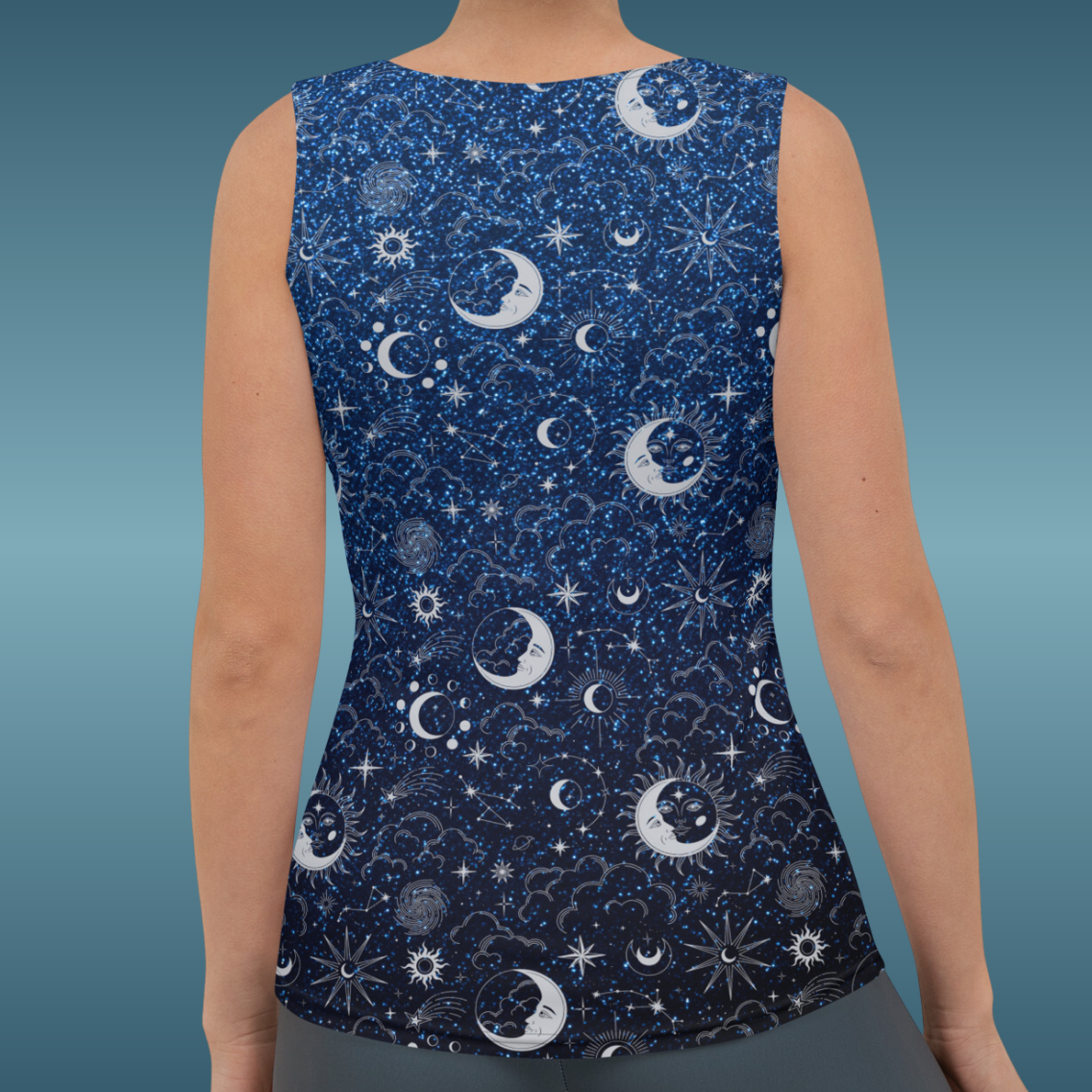 Blue Silver Glitter Moon Tank Top