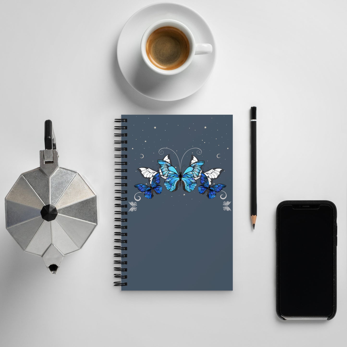 Blue Butterflies spiral-notebook-white-front-LS