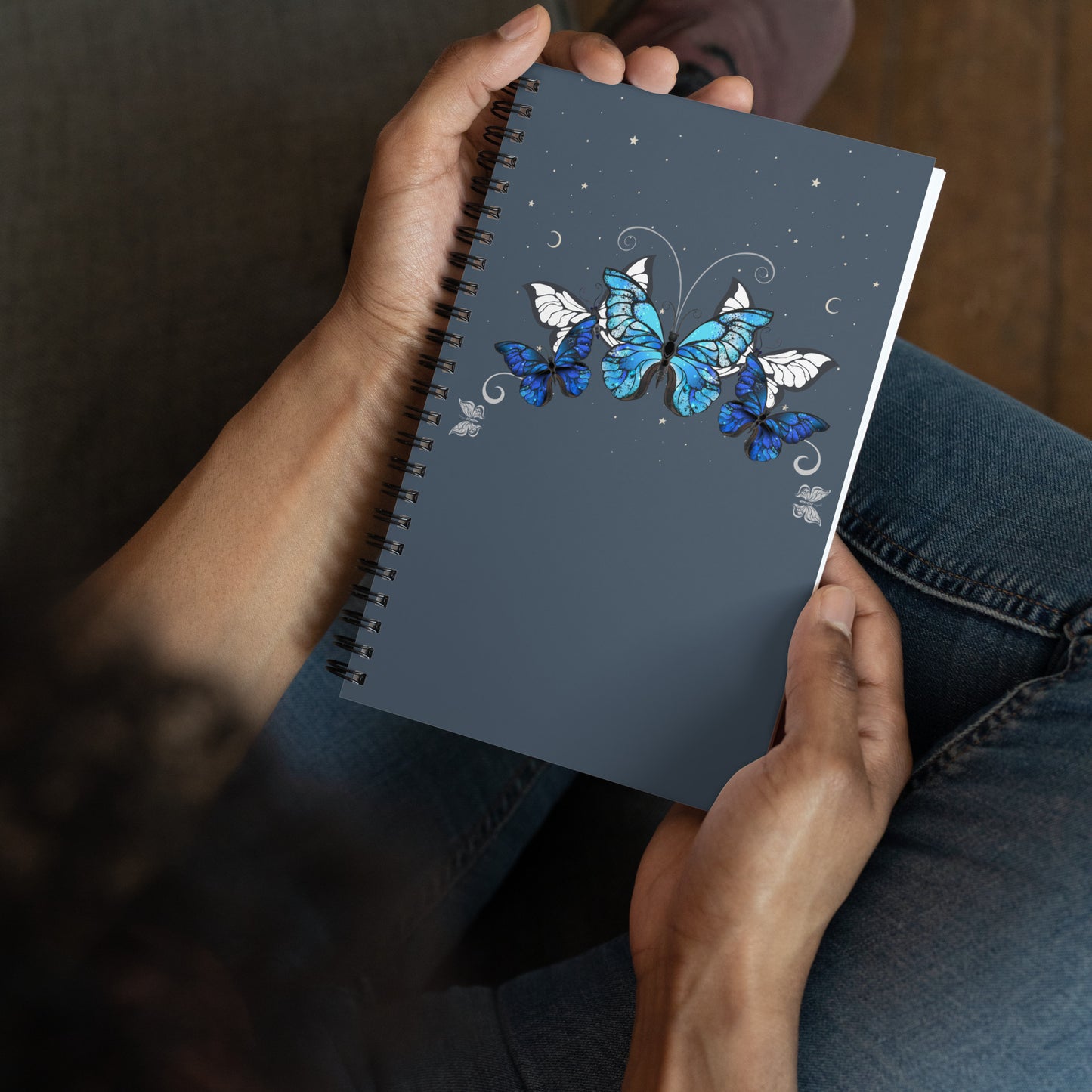 Blue Butterflies spiral-notebook-white-front-in hands