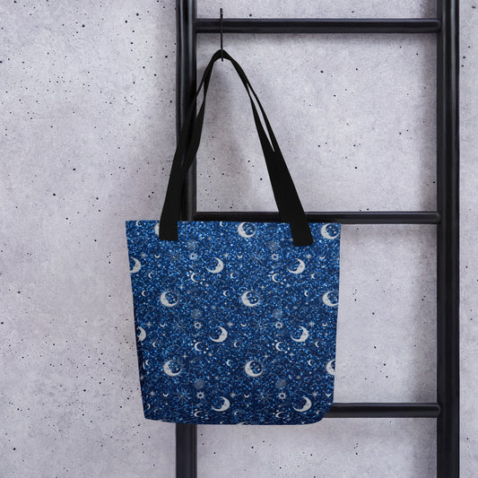 Blue Silver Glitter Moon Tote Bag