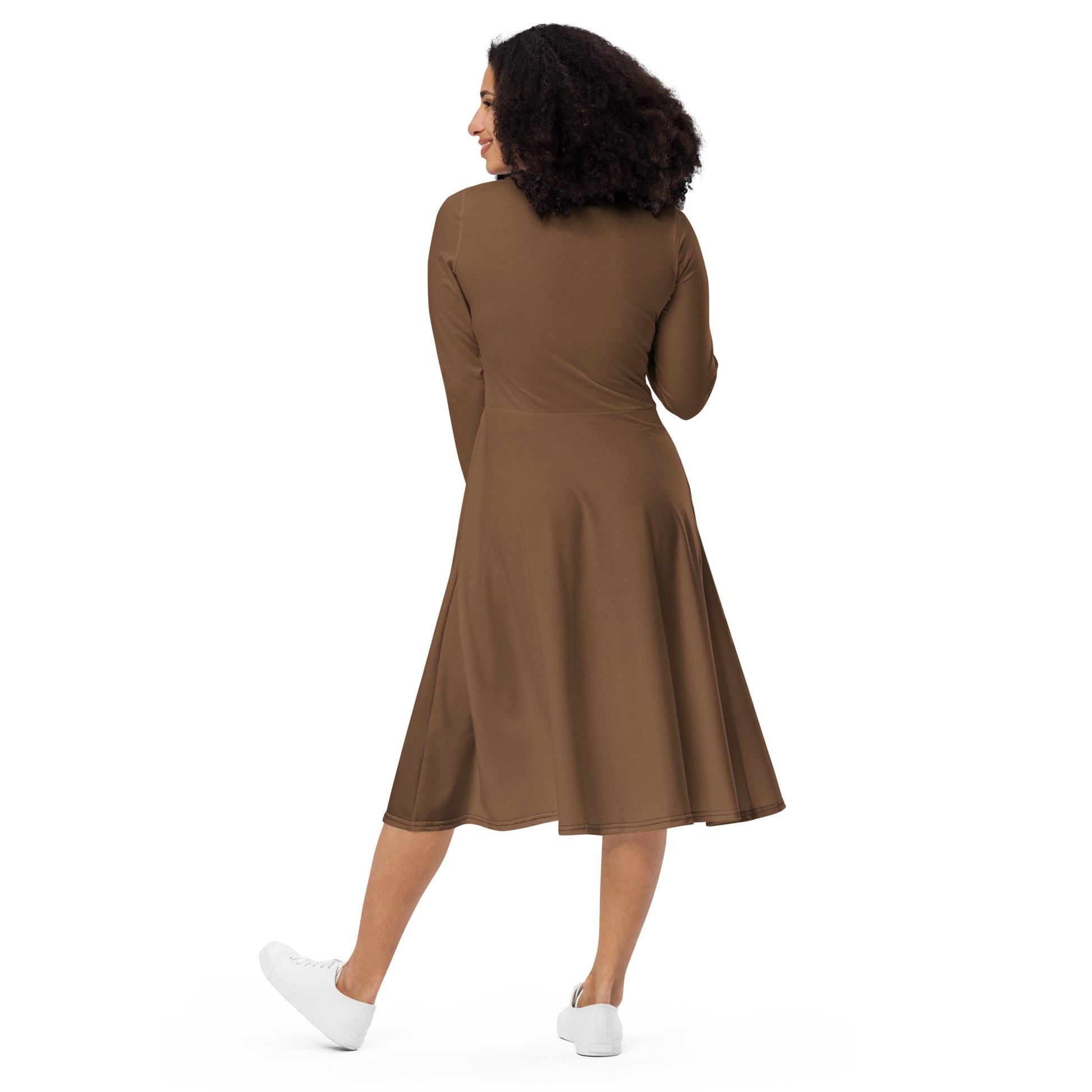 Earth Brown-long-sleeve-midi-dress-back