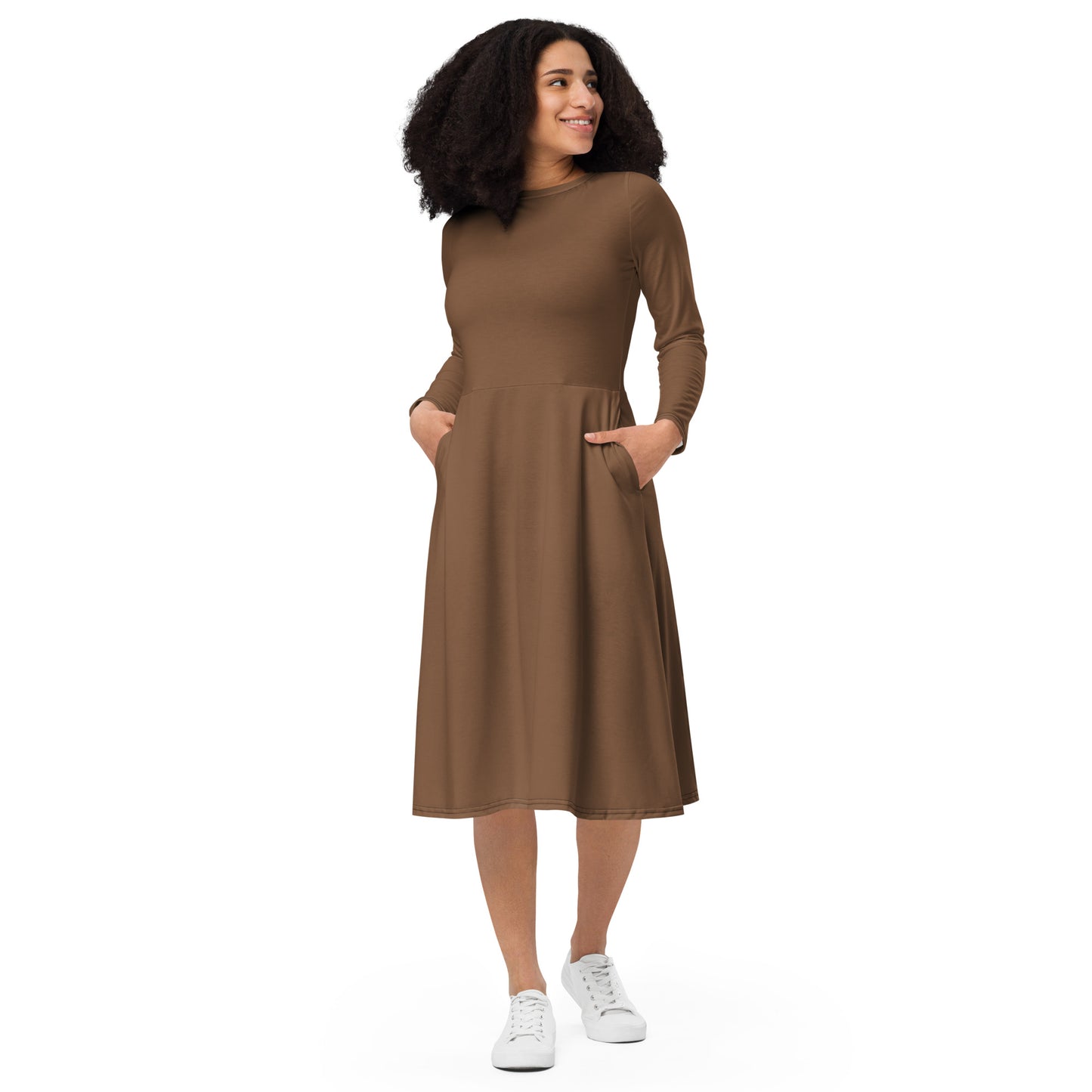 Earth Brown-long-sleeve-midi-dress-front-1