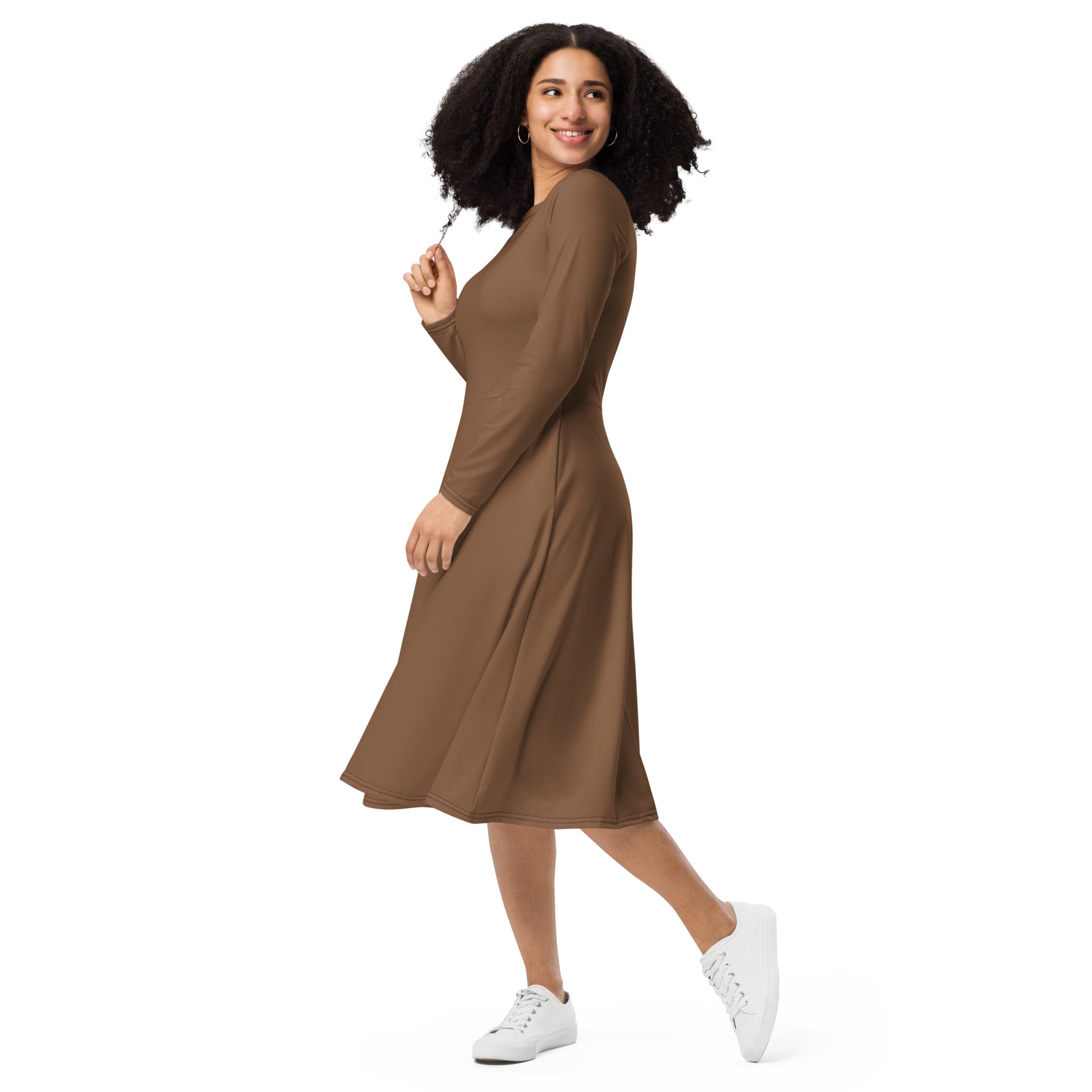 Earth Brown-long-sleeve-midi-dress-left-front