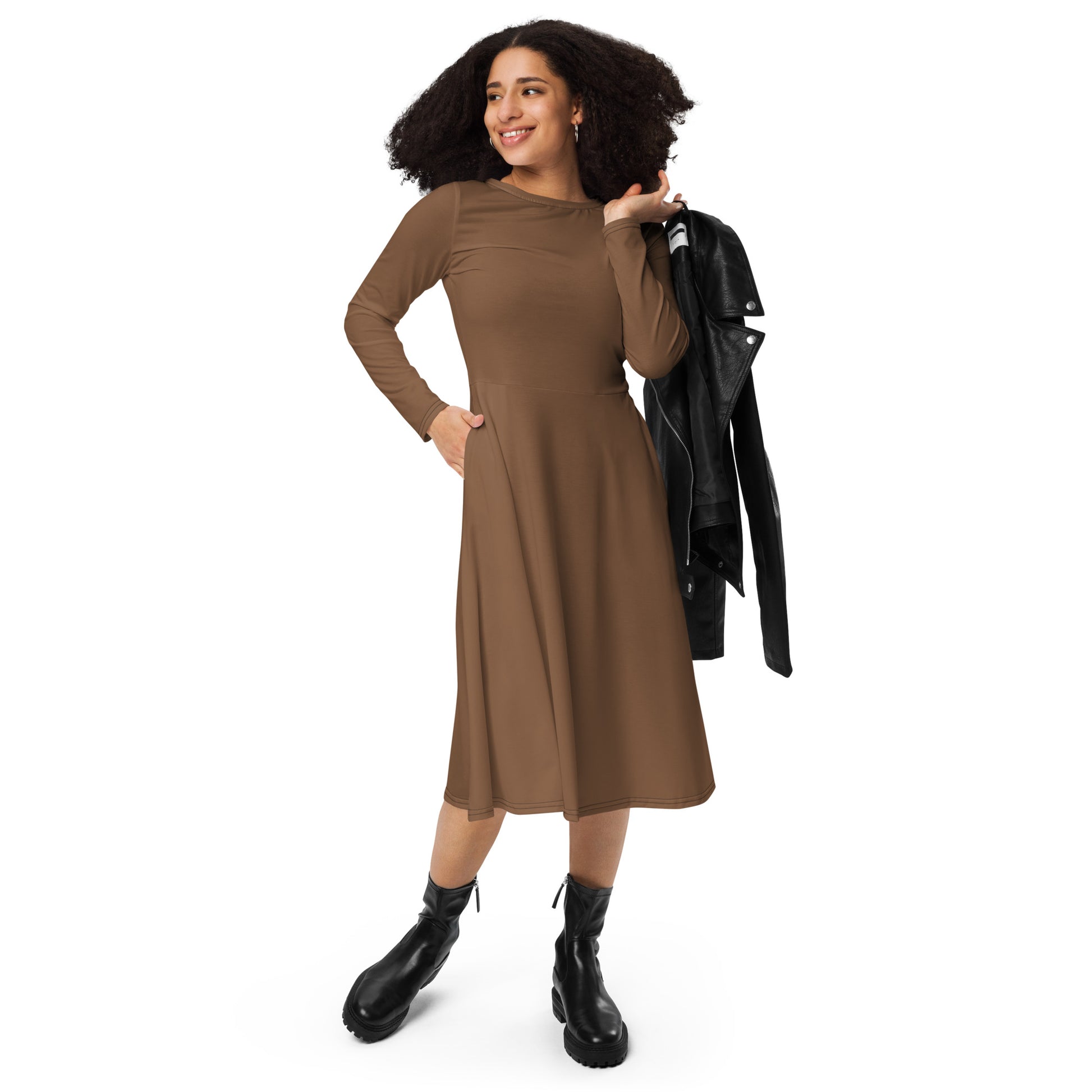 Earth brown-long-sleeve-midi-dress-front