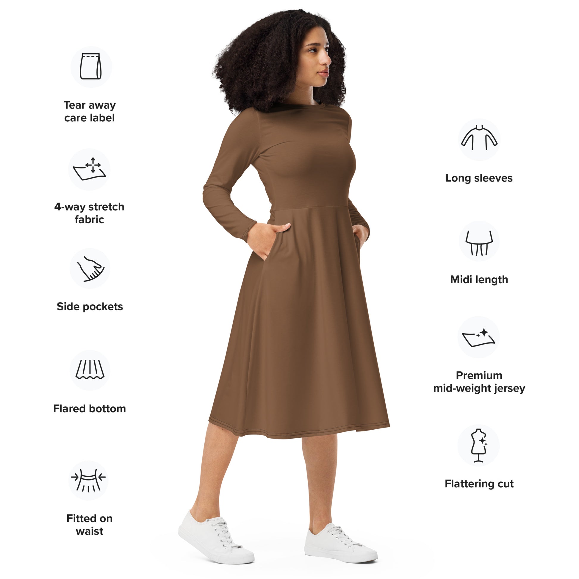 Earth brown-long-sleeve-midi-dress-right-front