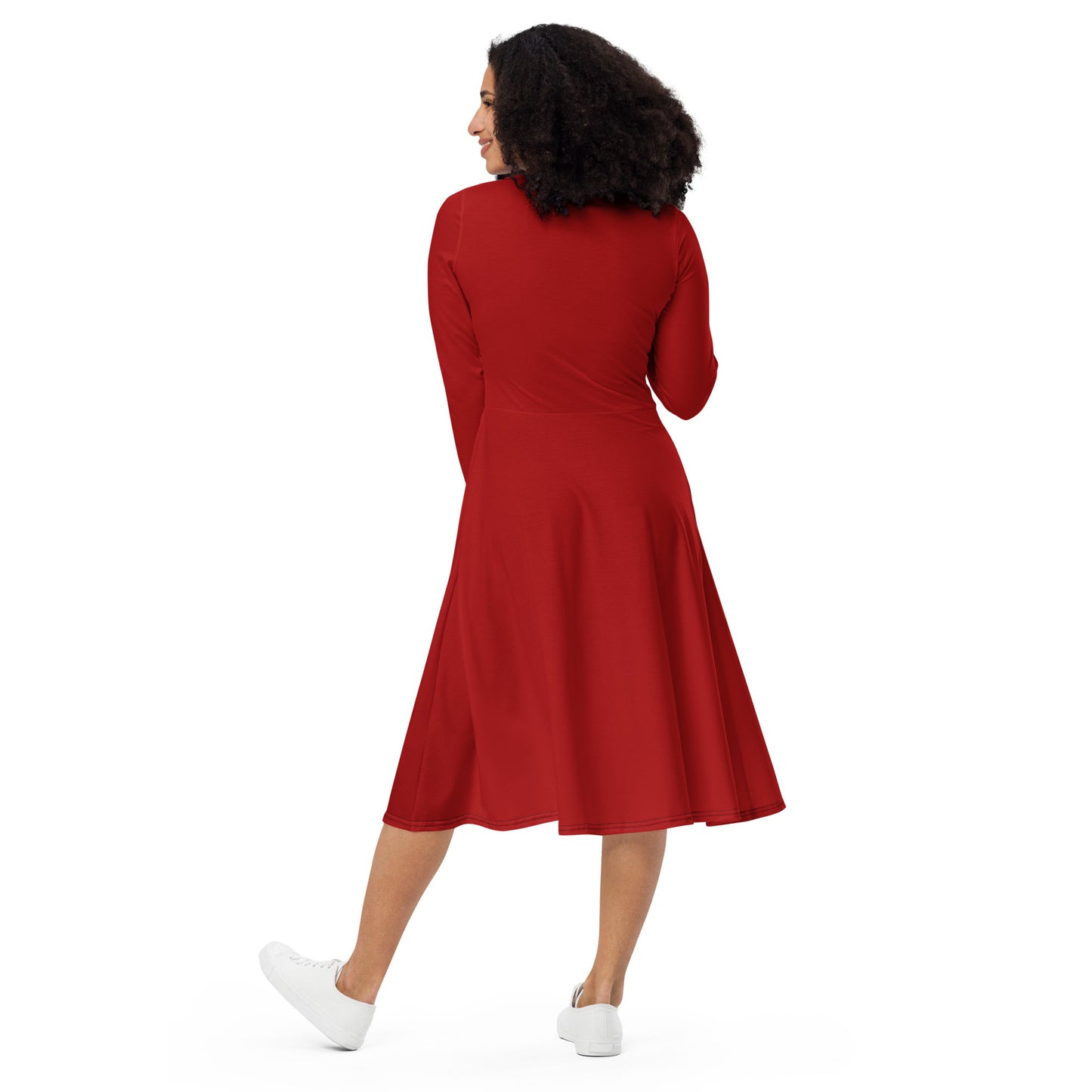 Fire Red-long-sleeve-midi-dress-back