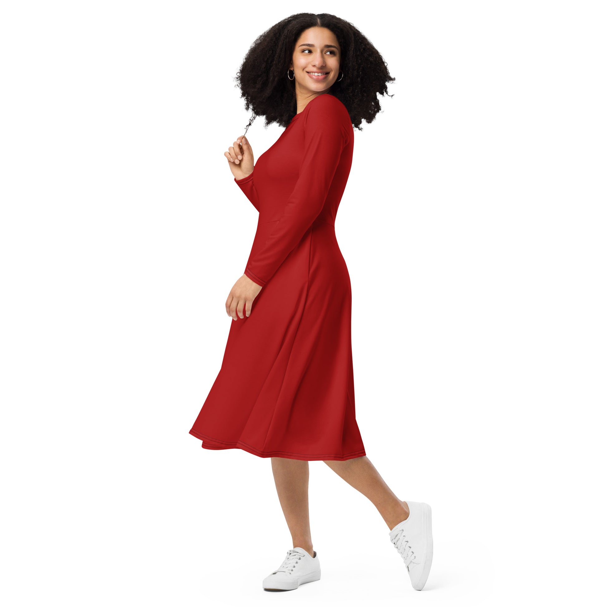 Fire Red-long-sleeve-midi-dress-left-front-1