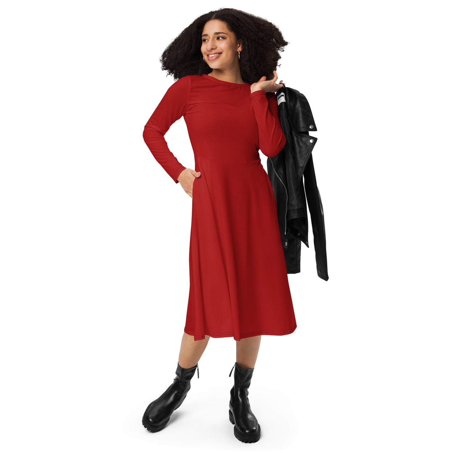 Fire red-long-sleeve-midi-dress-front