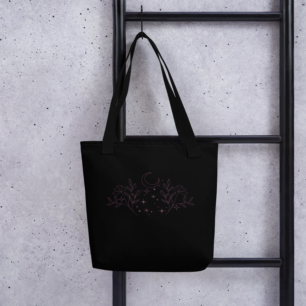 Flower Moon Black Tote Bag