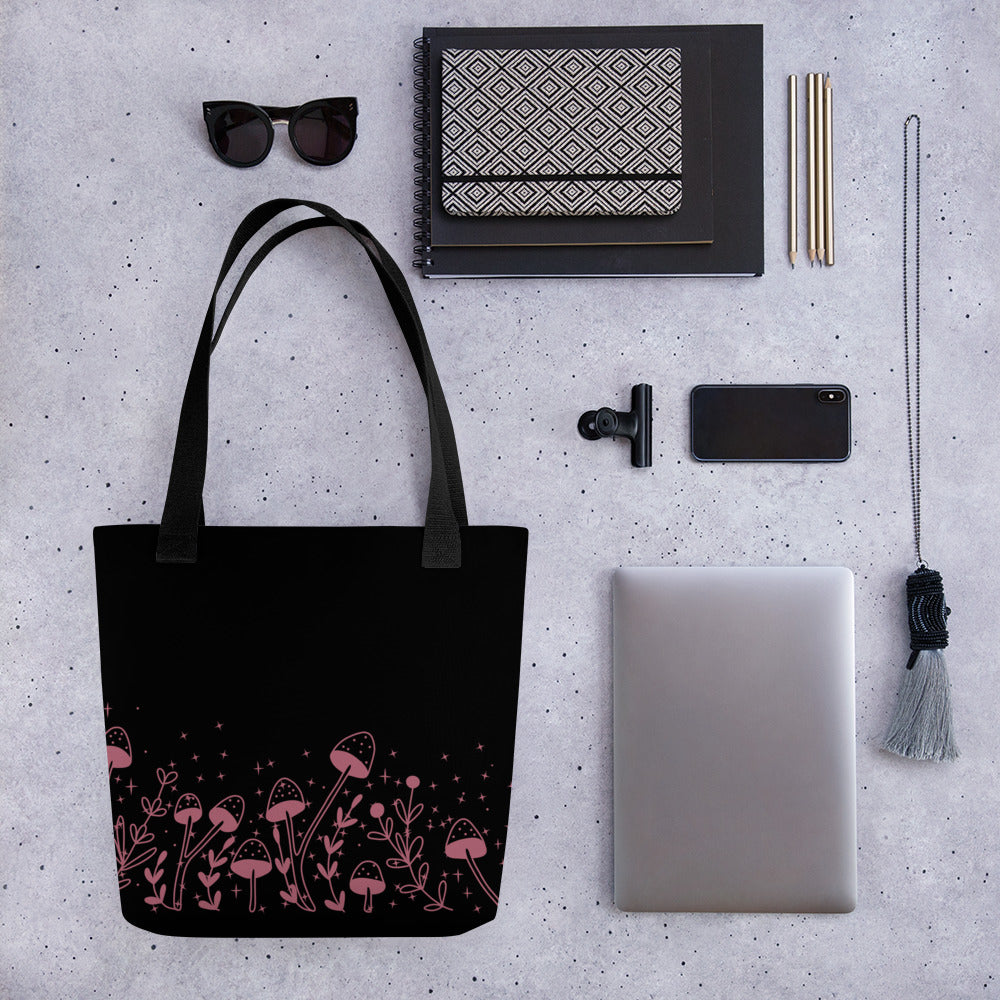 Fungi Star Black Petal Pink Tote Bag