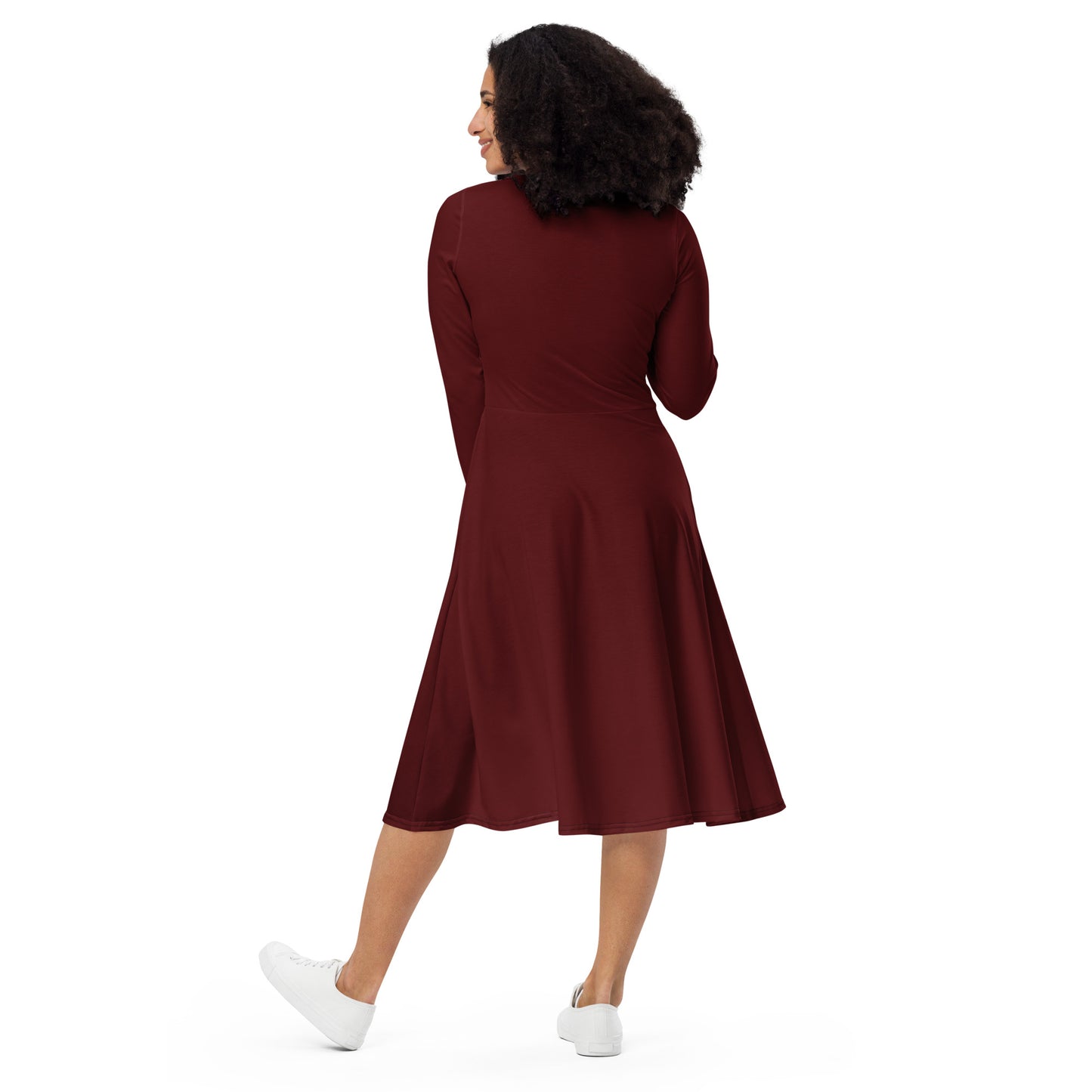 Galaxy Red-long-sleeve-midi-dress-back