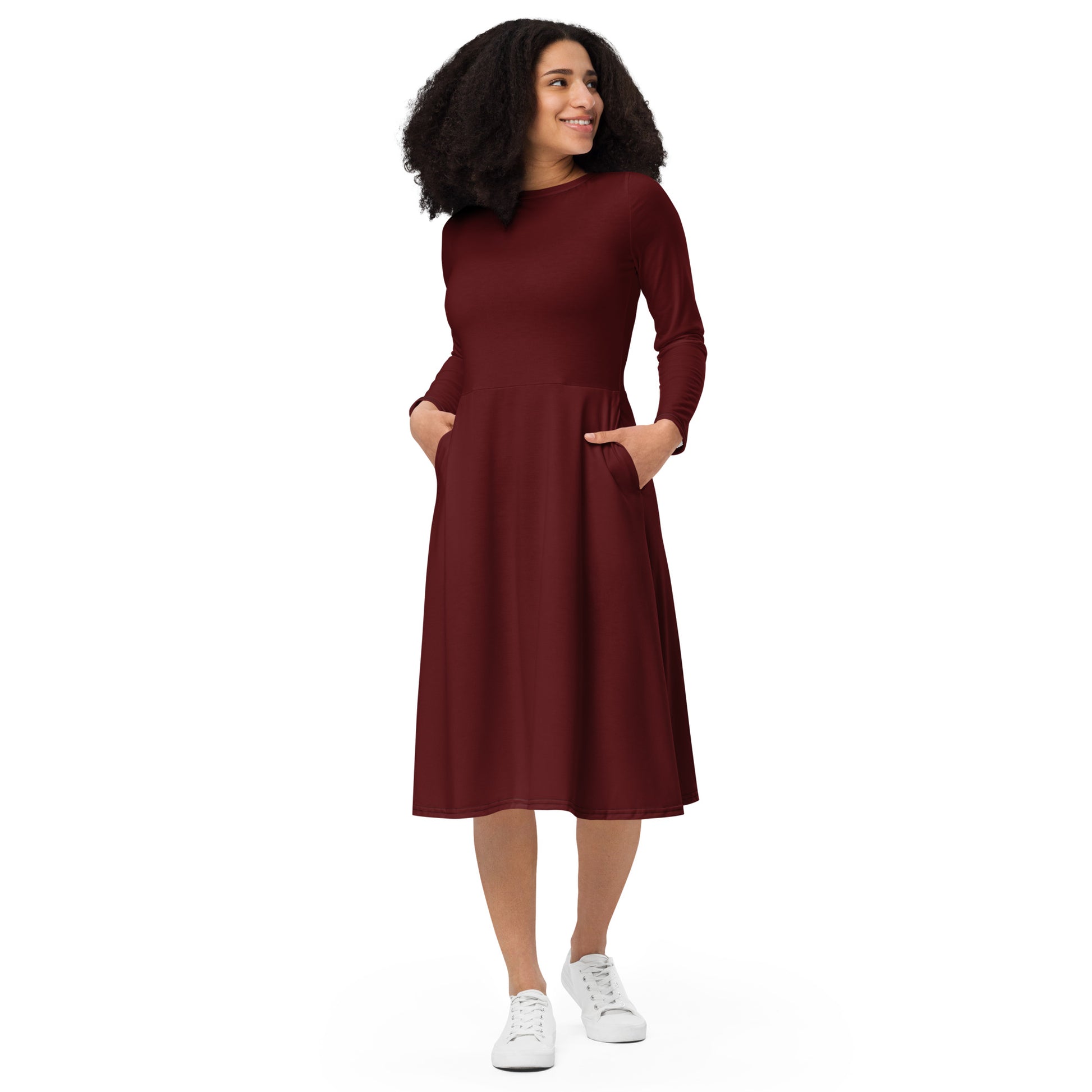 Galaxy Red-long-sleeve-midi-dress-front-1