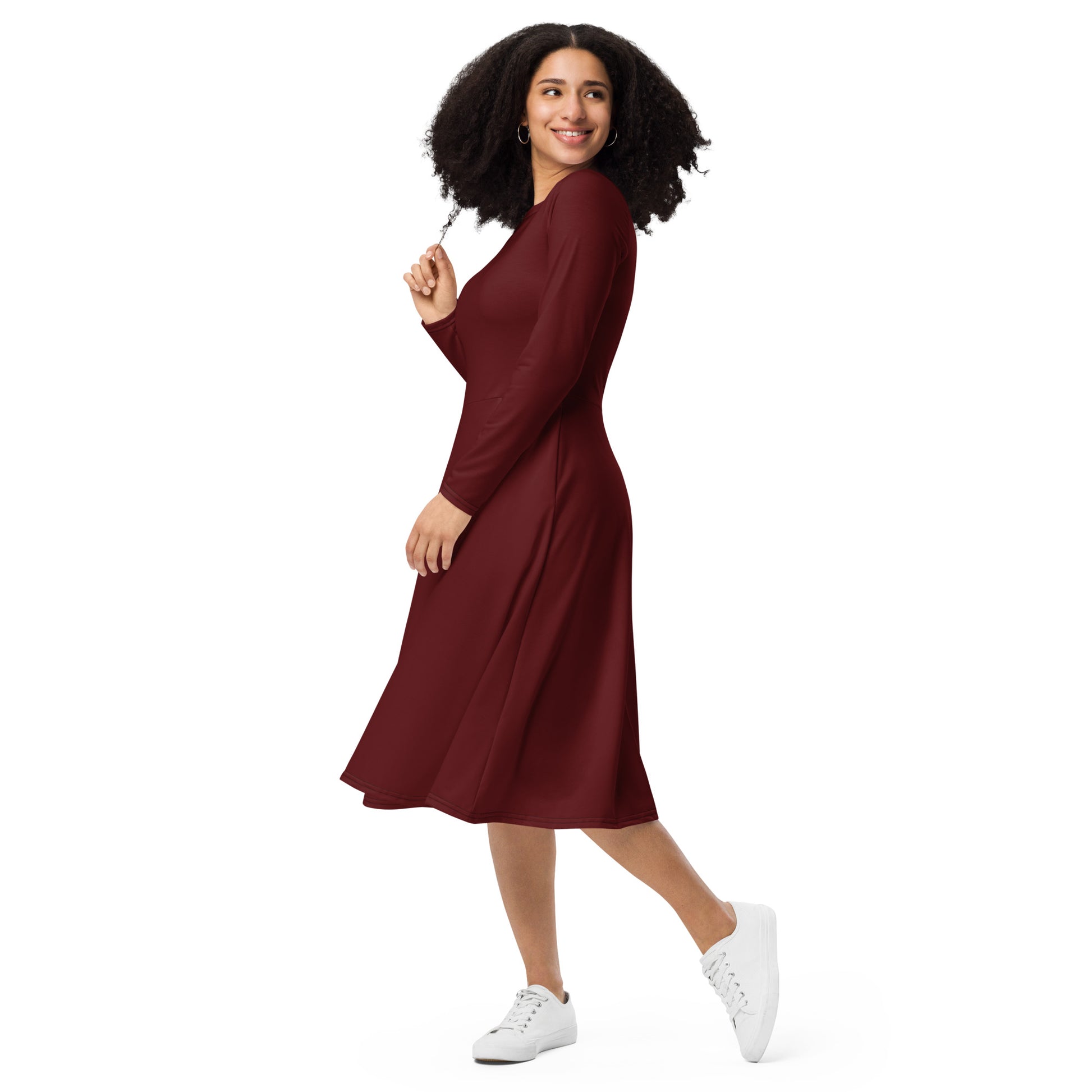 Galaxy Red-long-sleeve-midi-dress-left-front