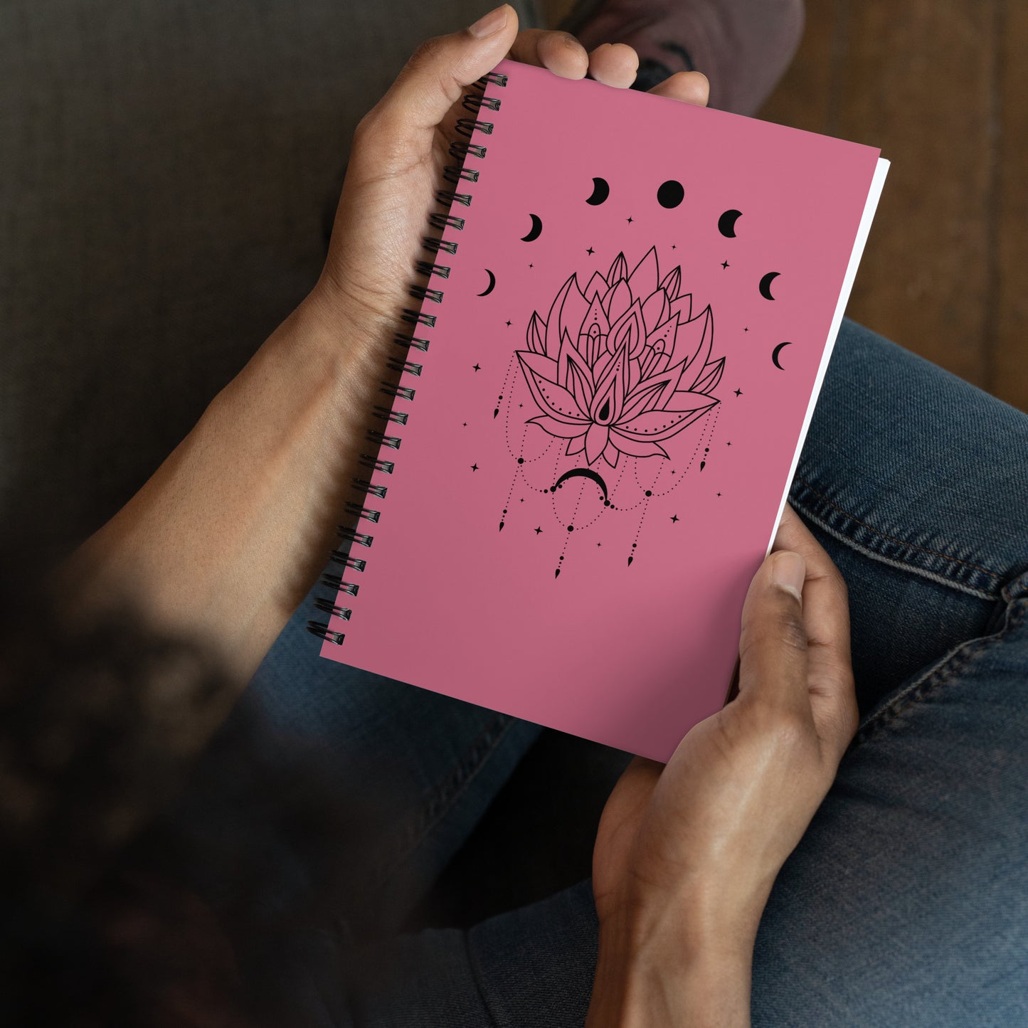 Lotus Moon Phase spiral-notebook-white-front-in hands