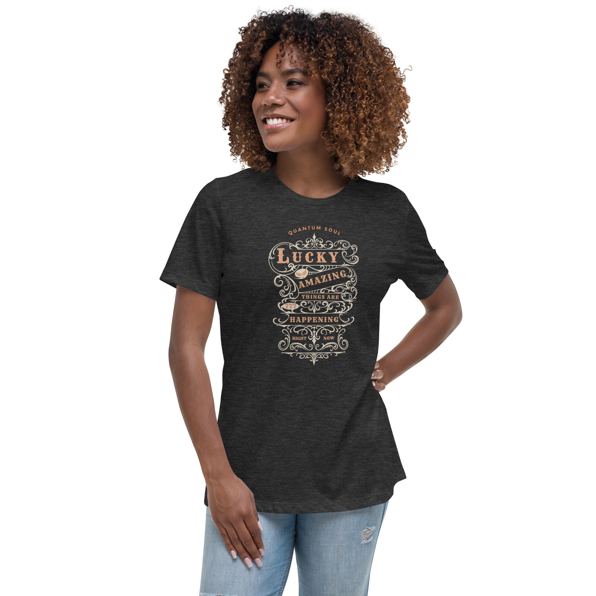 Lucky 777 womens-relaxed-t-shirt-dark-grey-heather-front