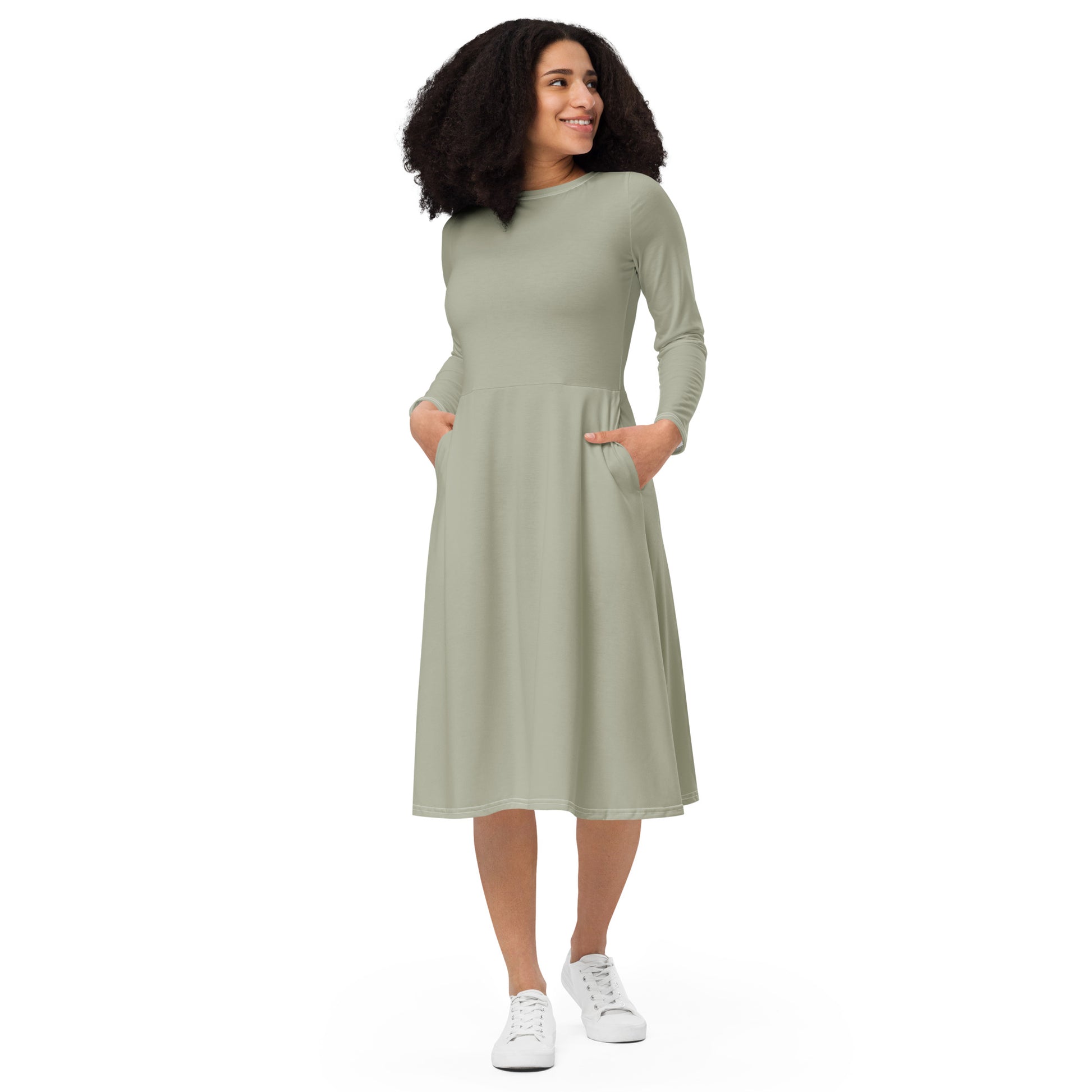 Misty Grey-long-sleeve-midi-dress-front-1