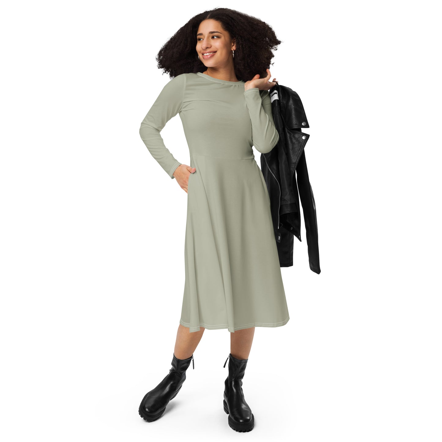 Misty Grey-long-sleeve-midi-dress-front