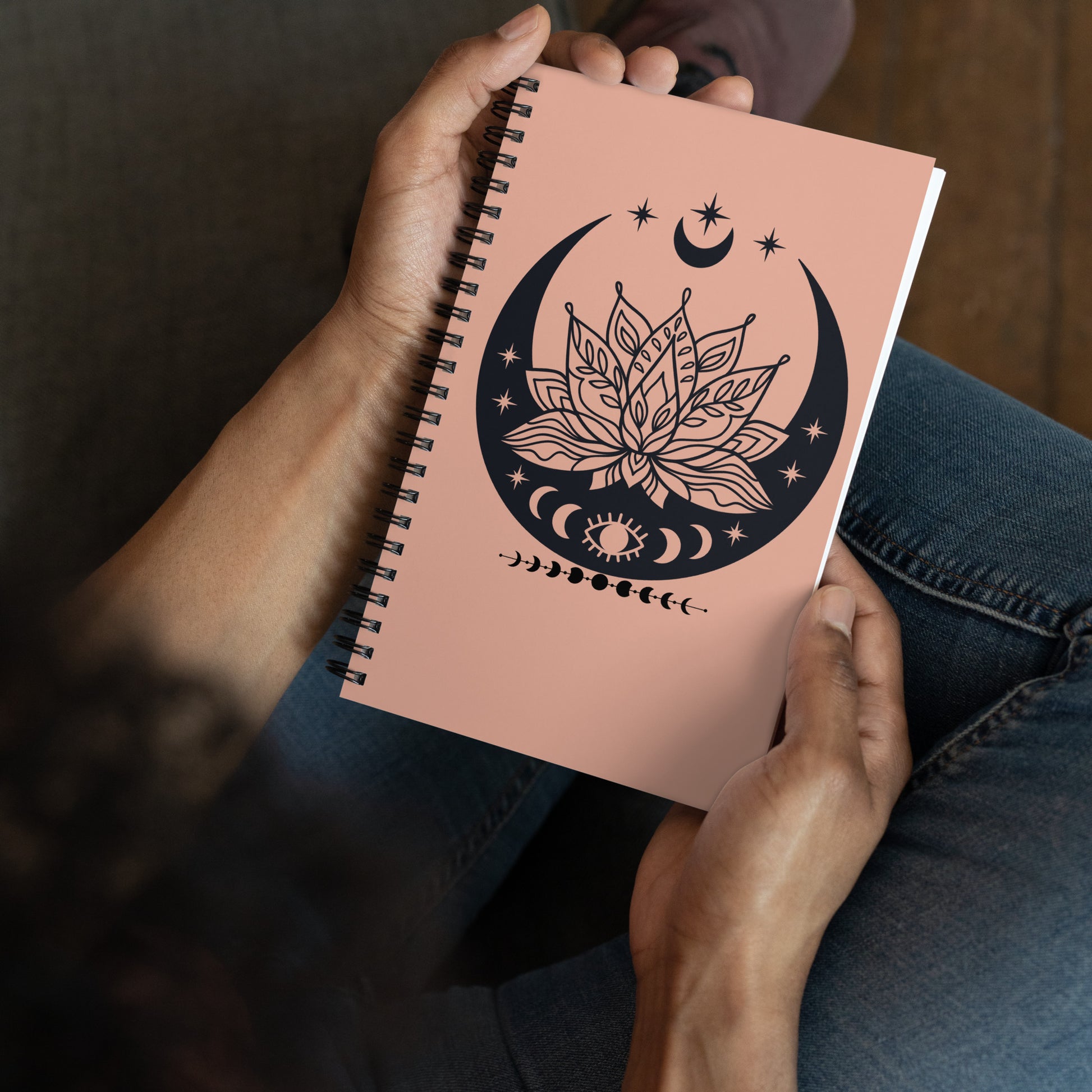 Moon Lotus Flower spiral-notebook-white-front-in hands