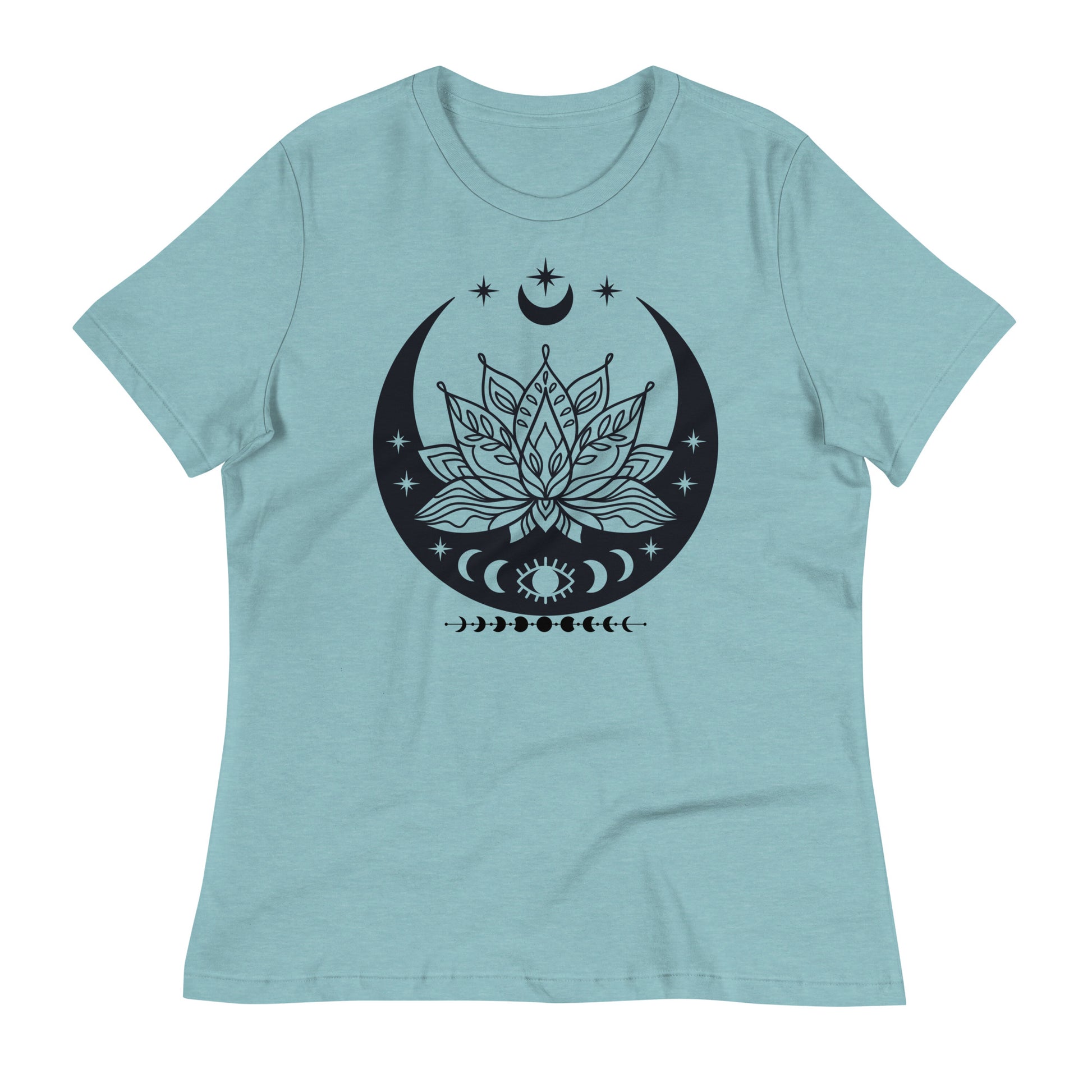 Moon Lotus Flower womens-relaxed-t-shirt-heather-blue-lagoon-front-flat