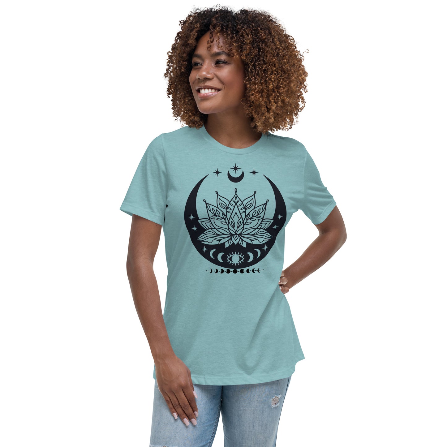 Moon Lotus Flower womens-relaxed-t-shirt-heather-blue-lagoon-front