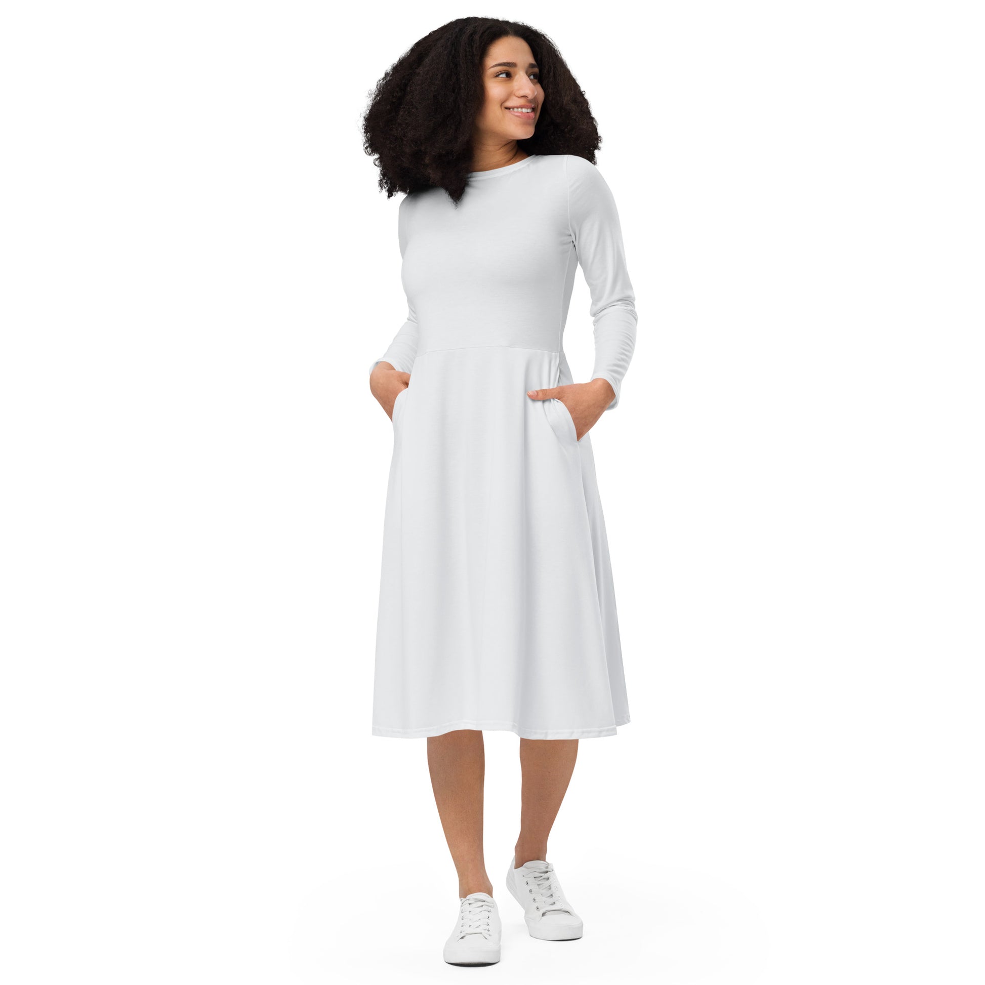 Nebula White-long-sleeve-midi-dress-front