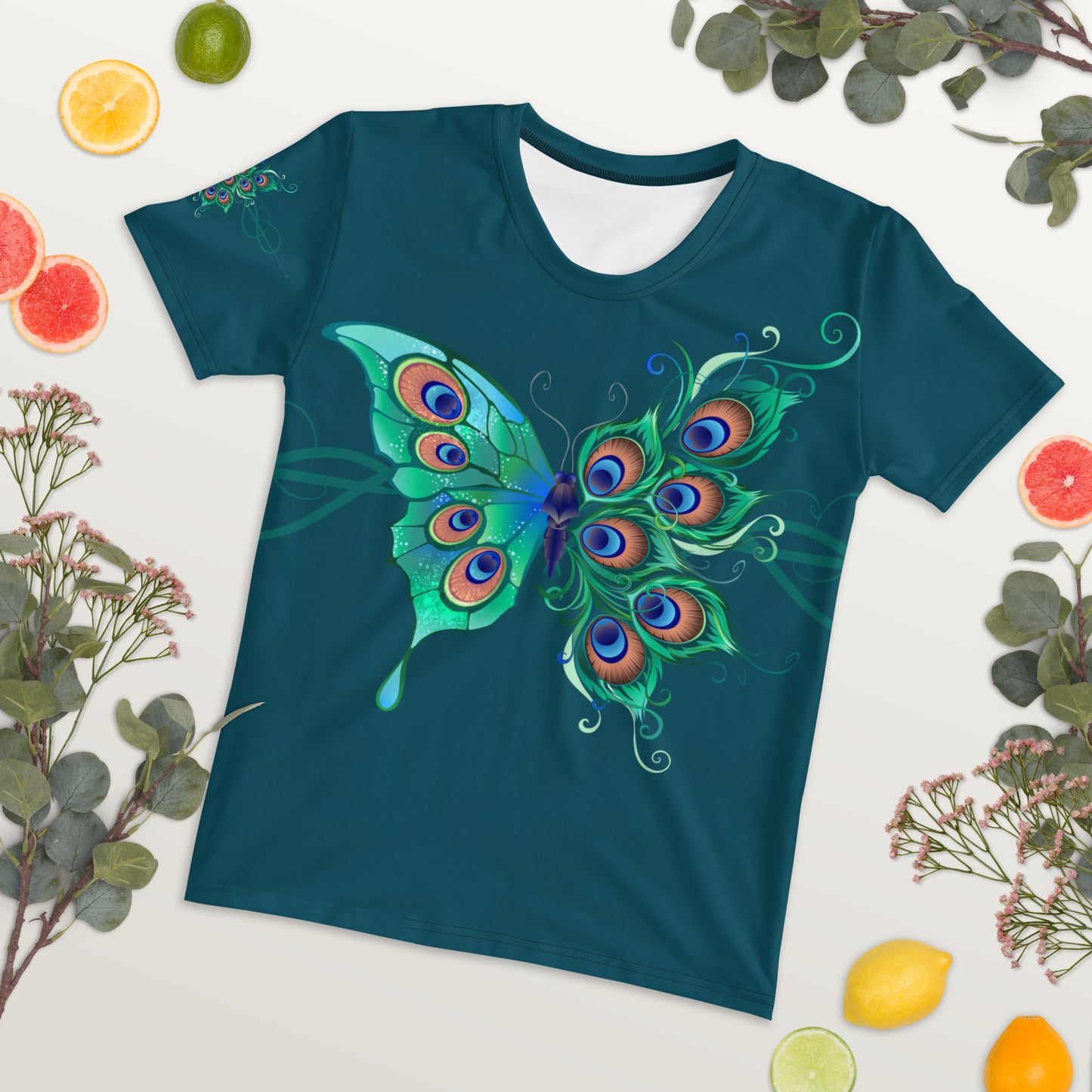 Peacock Butterfly Astronaut Blue Women's Crew Neck T-Shirt