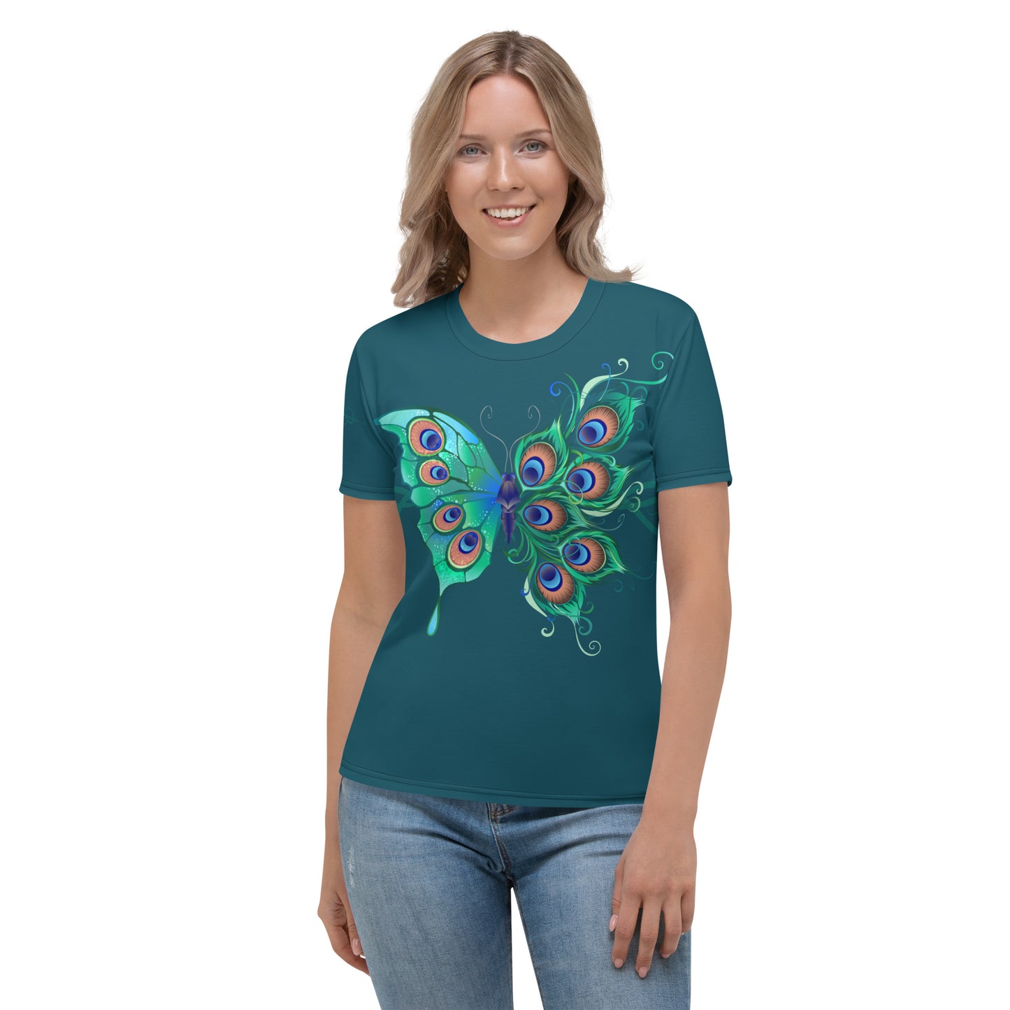 Peacock Butterfly Astronaut Blue Women's Crew Neck T-Shirt