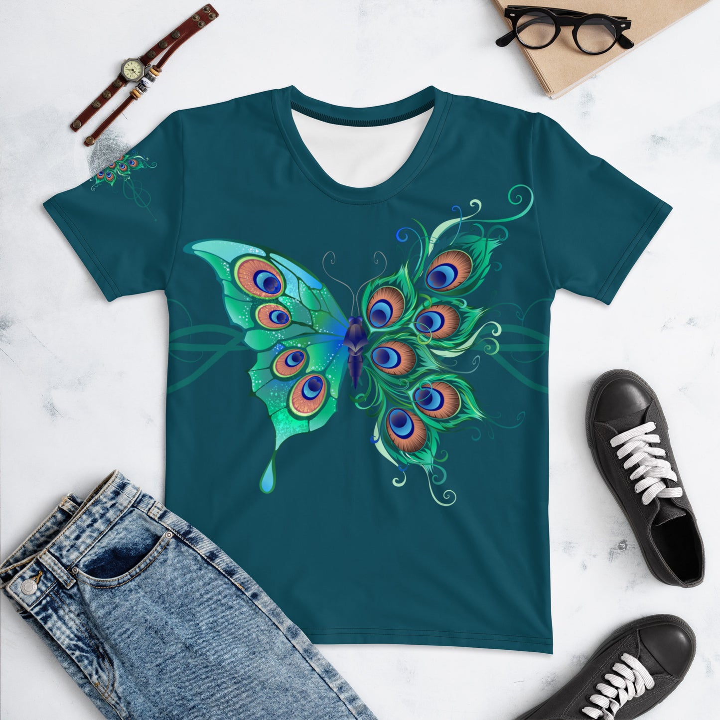 Peacock Butterfly Astronaut Blue Women's Crew Neck T-Shirt