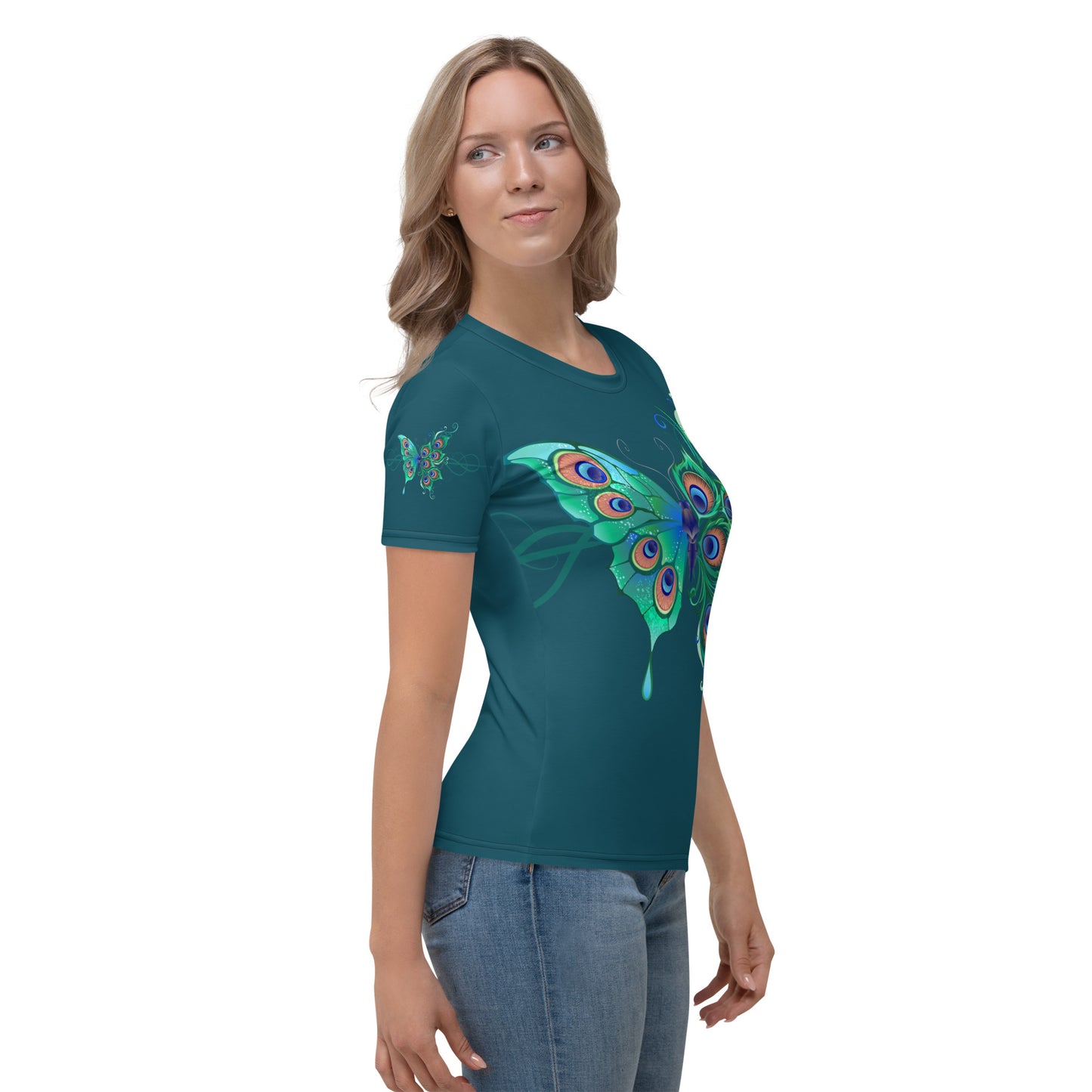 Peacock Butterfly Astronaut Blue Women's Crew Neck T-Shirt