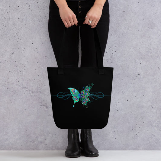 Peacock Butterfly Black Tote Bag