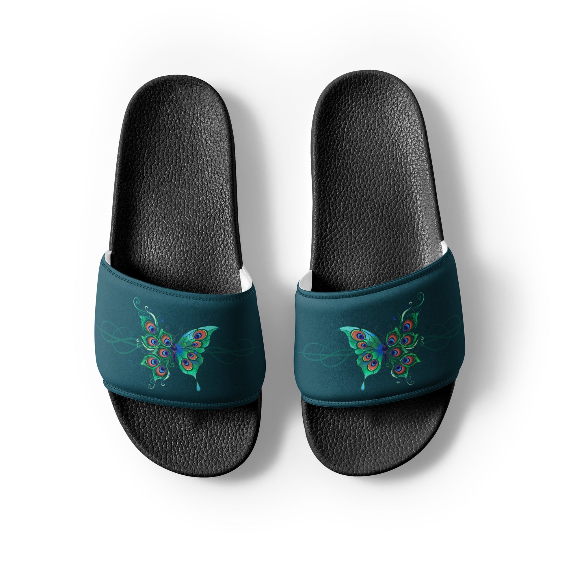 Peacock Butterfly womens-slides-sandals black-front-2