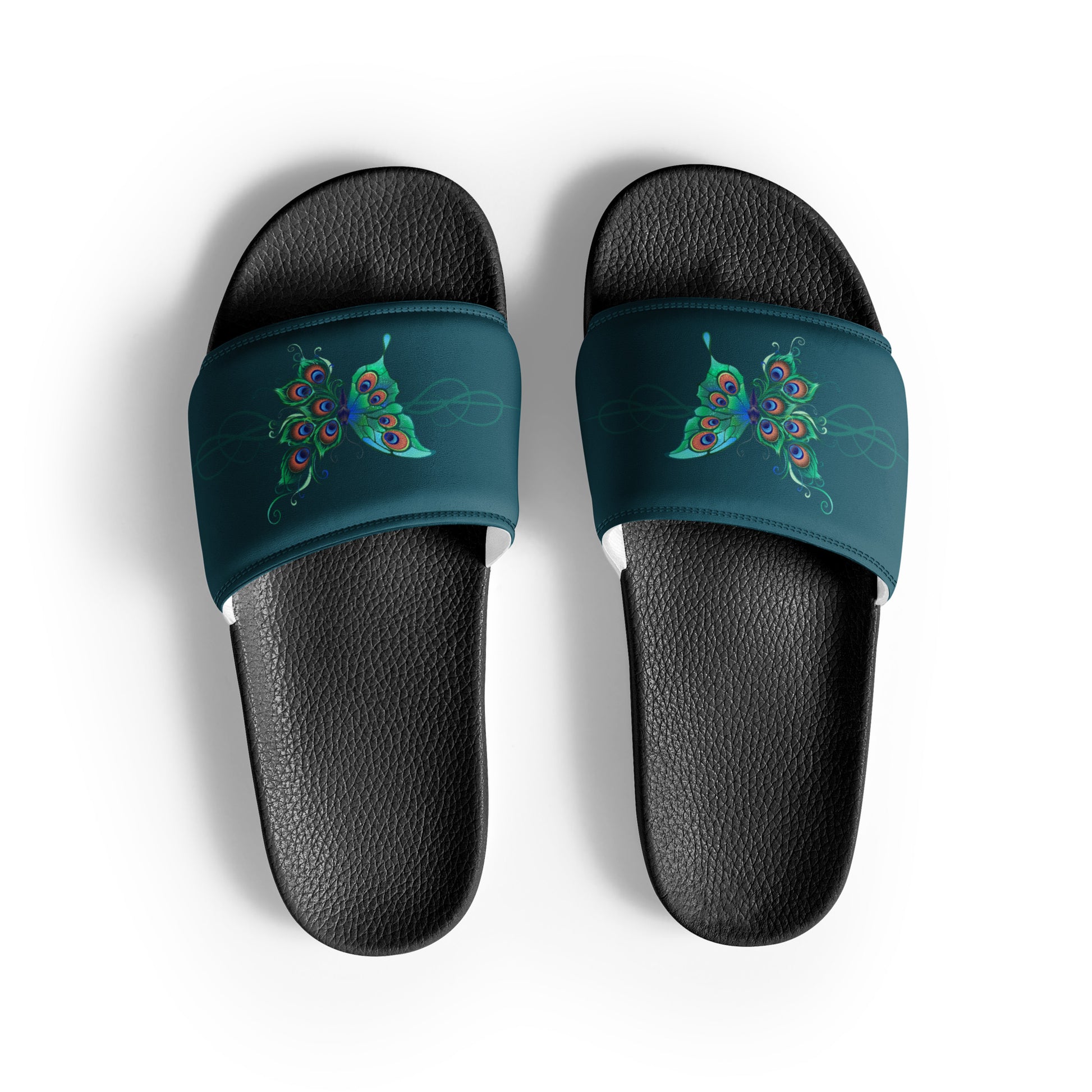 Peacock Butterfly womens-slides-sandals black-front