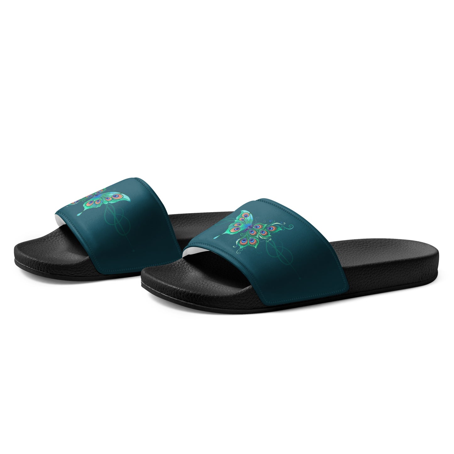 Peacock Butterfly womens-slides-sandals black-left-front