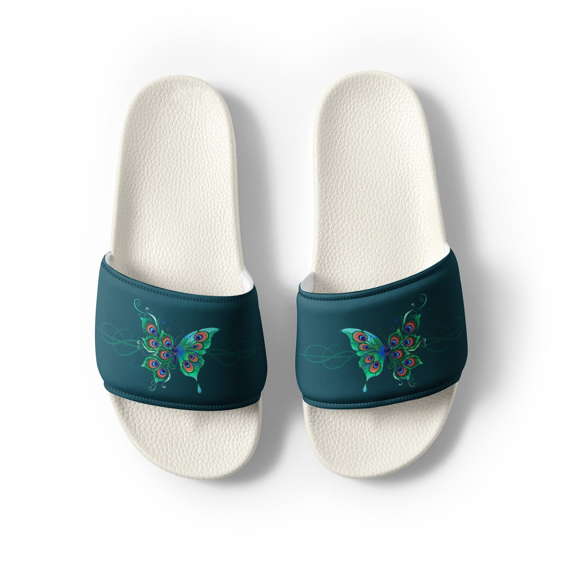 Peacock Butterfly womens-slides-sandals white-front-2