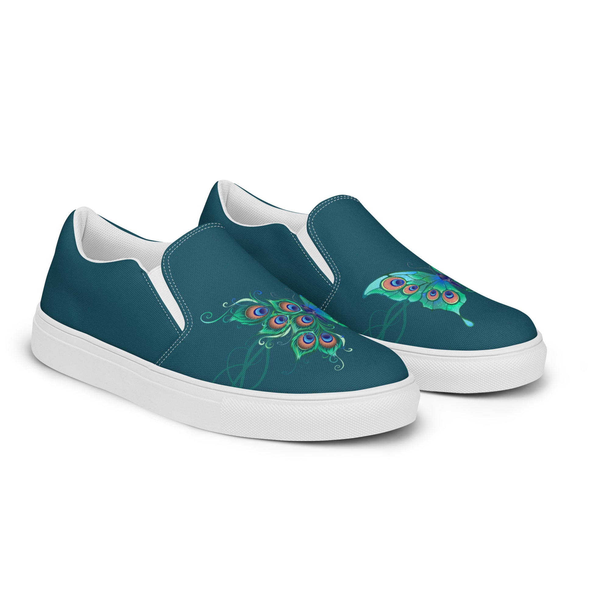 Peacock Butterfly womens-slip-on-canvas-shoes-blue-right-front 1