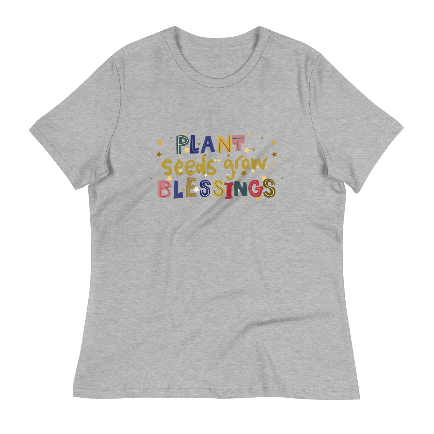 Plant seeds grow blessings womens-relaxed-t-shirt-athletic-heather-front-flat