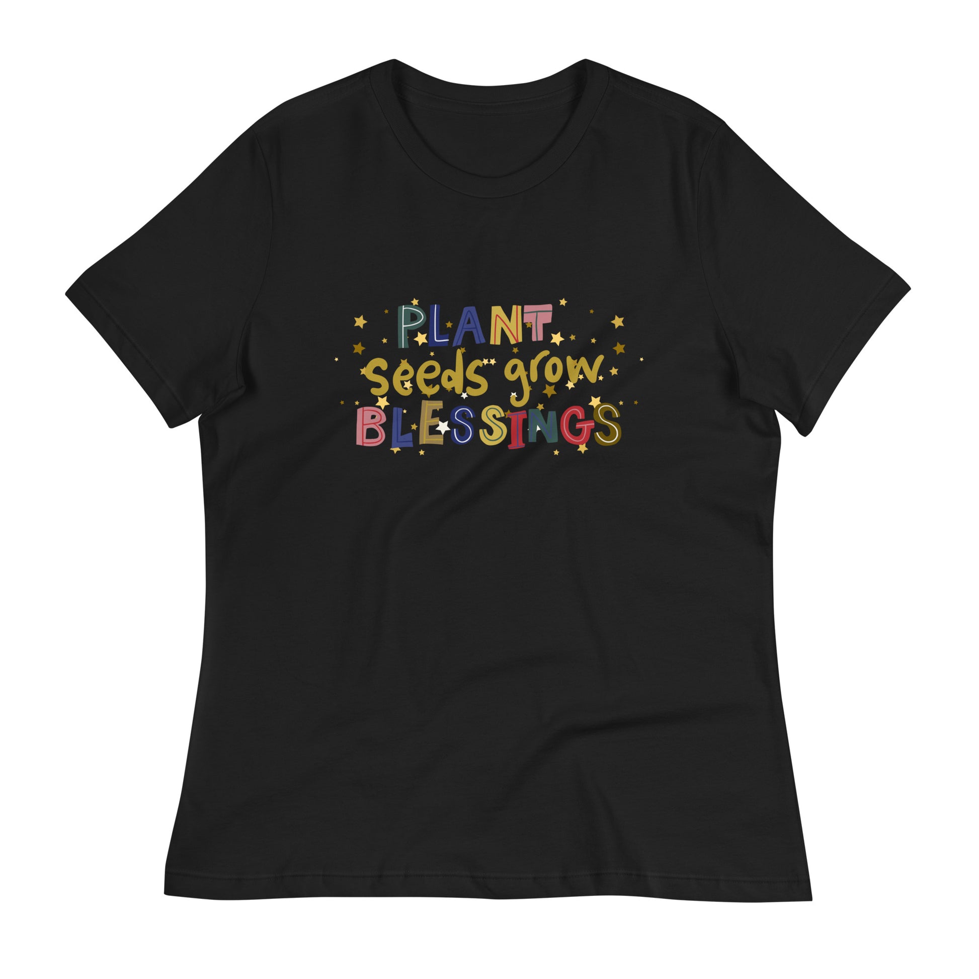 Plant seeds grow blessings womens-relaxed-t-shirt-black-front-flat