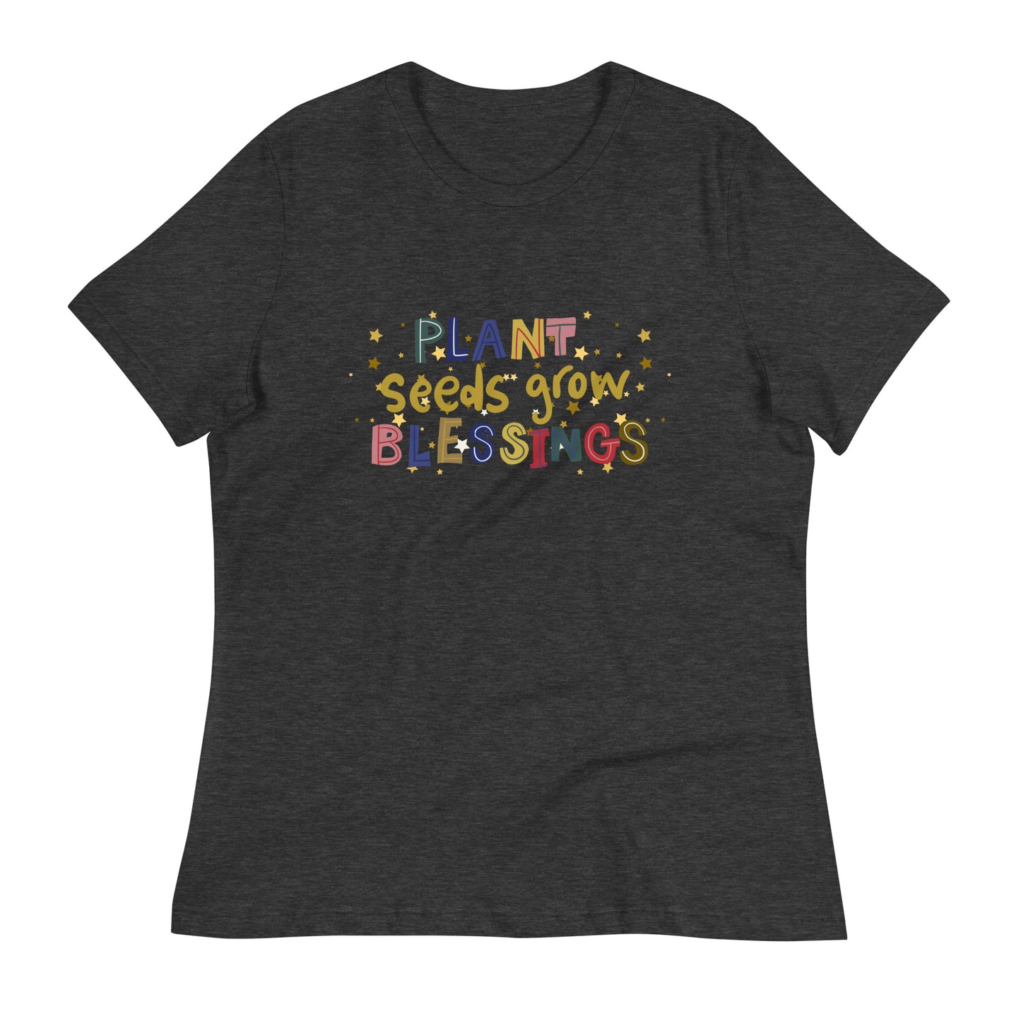 Plant seeds grow blessings womens-relaxed-t-shirt-dark-grey-heather-front-flat