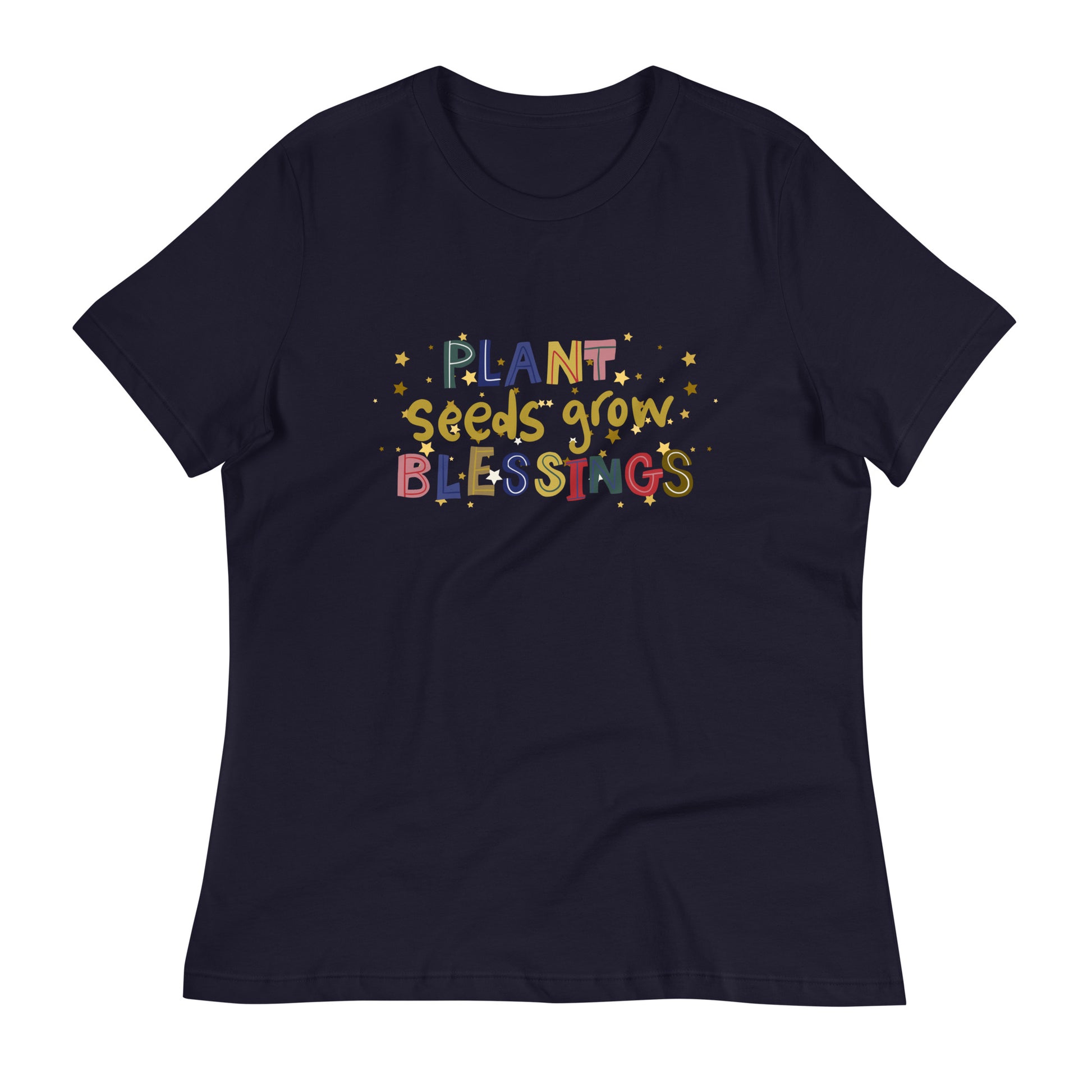 Plant seeds grow blessings womens-relaxed-t-shirt-navy-front-flat